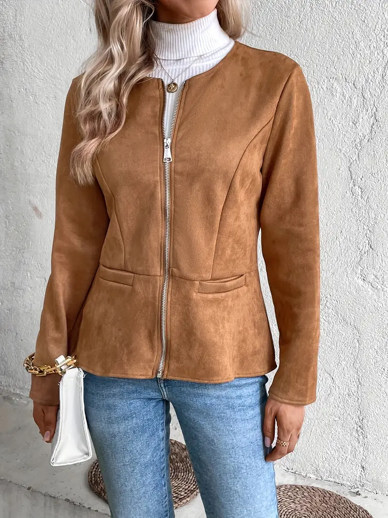 plus size elegant jacket womens plus solid long sleeve zip up round neck jacket details 71
