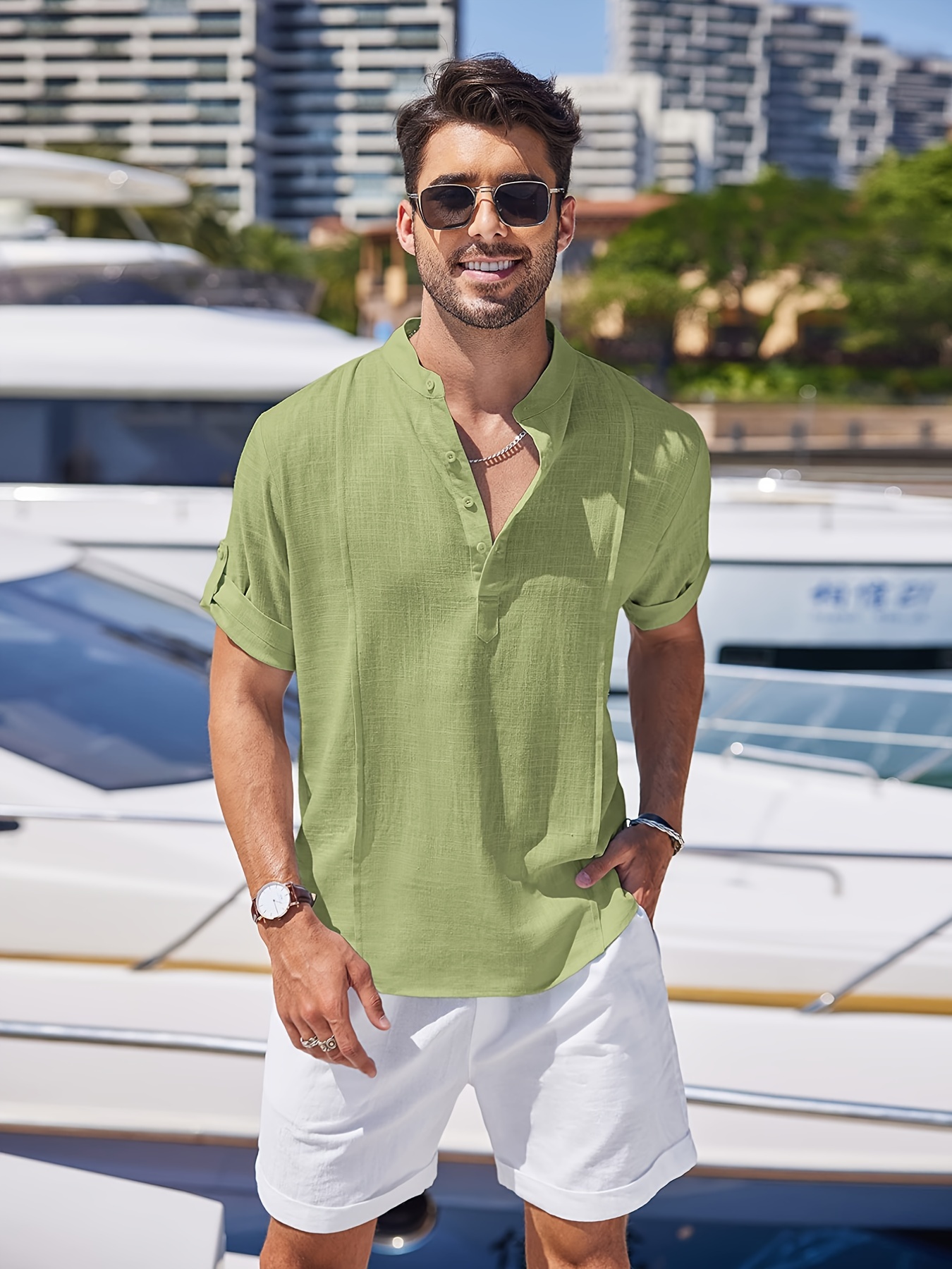 Men's 2 Piece Linen Set Short Sleeve Turn Down Collar Shirts With