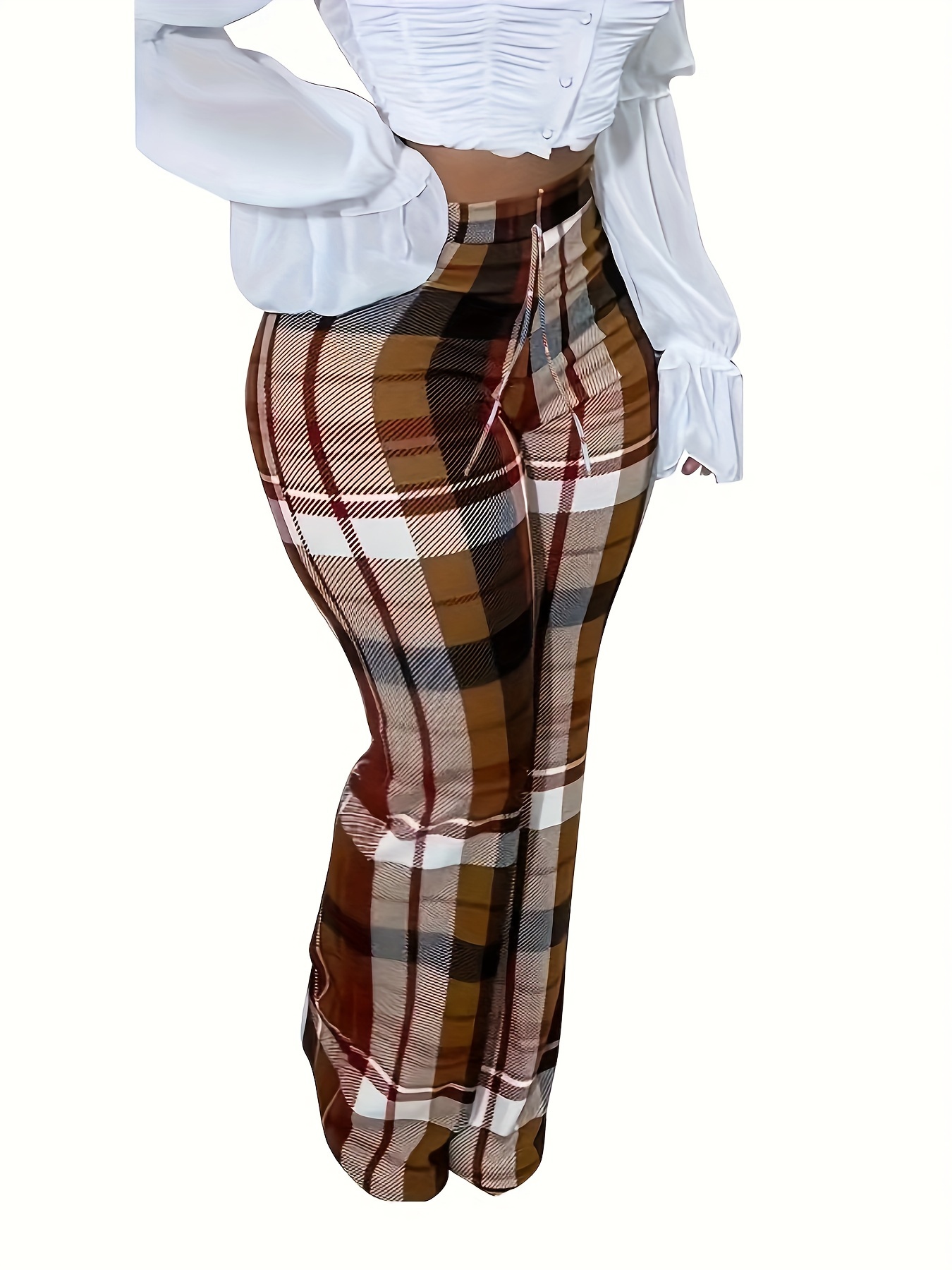 Plus Size Casual Pajama Pants, Women's Plus Plaid Print High Stretch Pajama  Pants