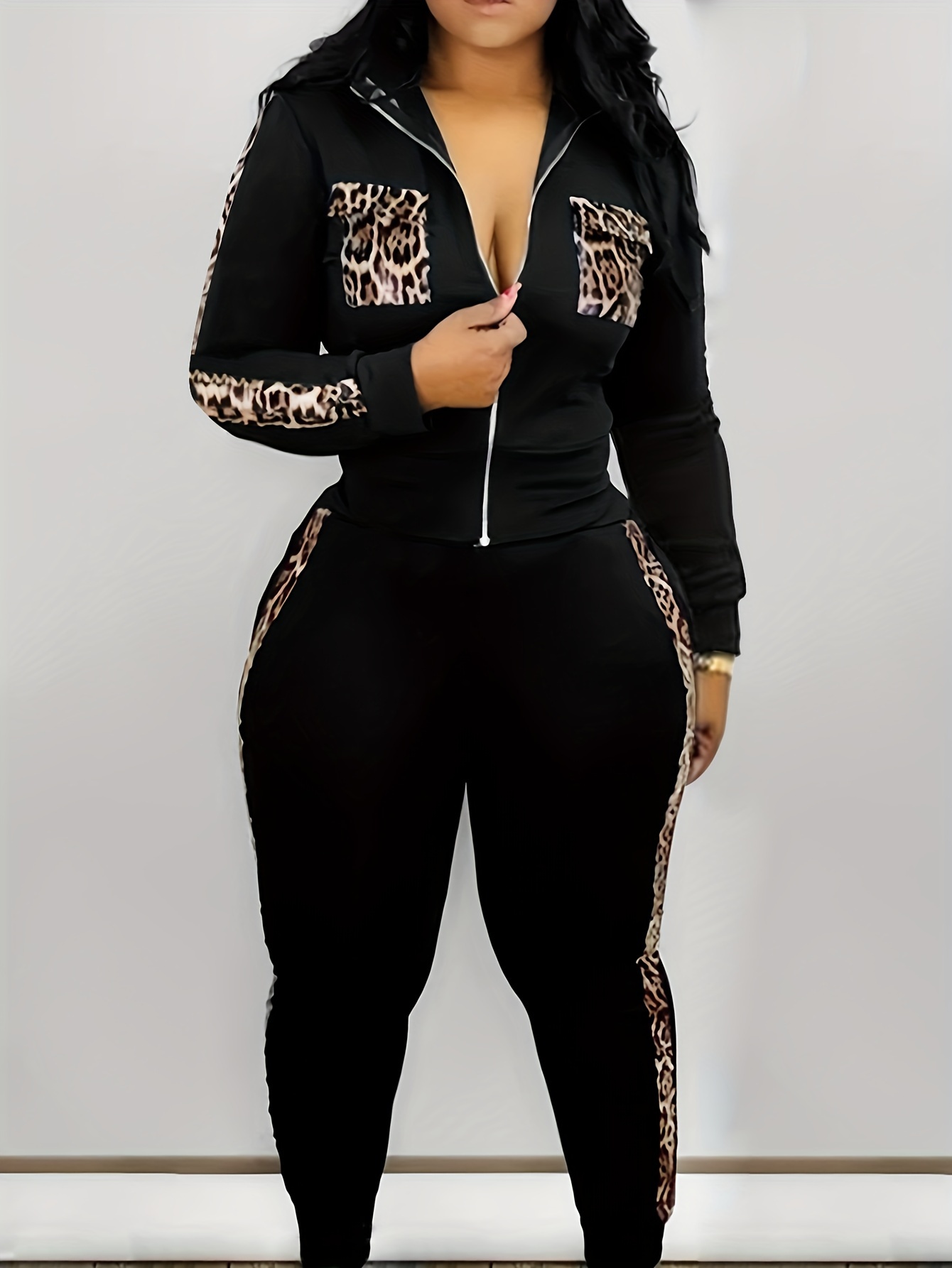 Plus Size Sets Women Leopard Long Sleeve Hooded and Pant Suit
