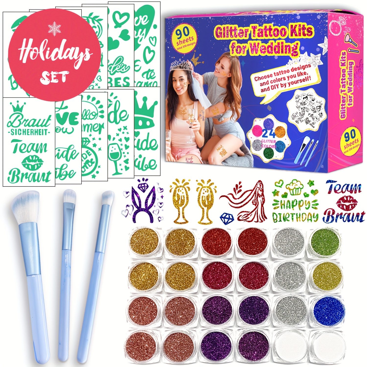 Temporary Glitter Tattoo Kit for Kids Women, 24 Sparkly & 6 uorescent Color  Face Body Glitter