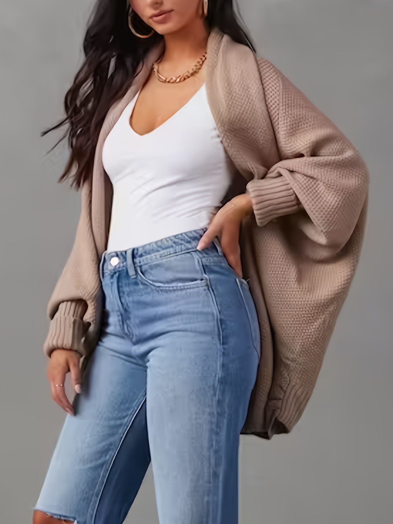 Solid Open Front Knit Cardigan Casual Batwing Sleeve - Temu