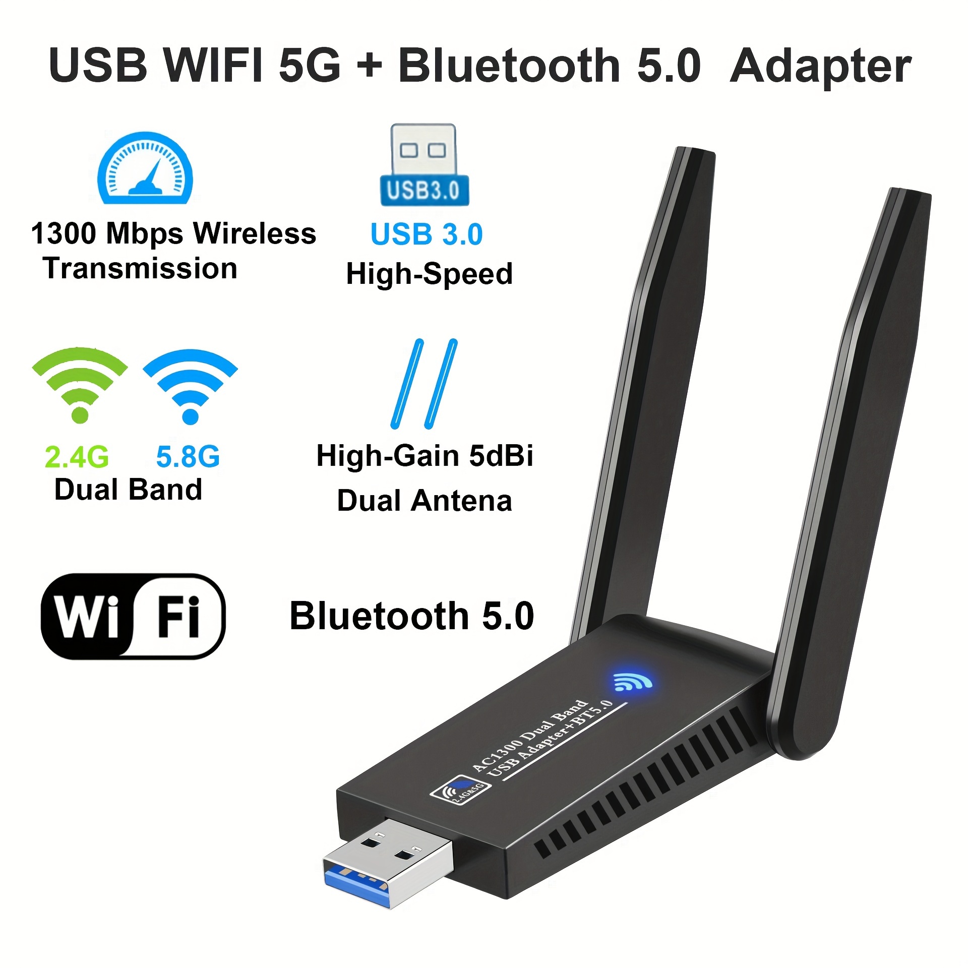 2-IN-1 Wireless USB WiFi 5 Adapter + Wireless 5.0 Adapter,1300Mbps 2.4GHz &  5GHz Dual Band, High-Gain 5dBi Dual Antena WiFi Dongle, 802.11AC Wireless