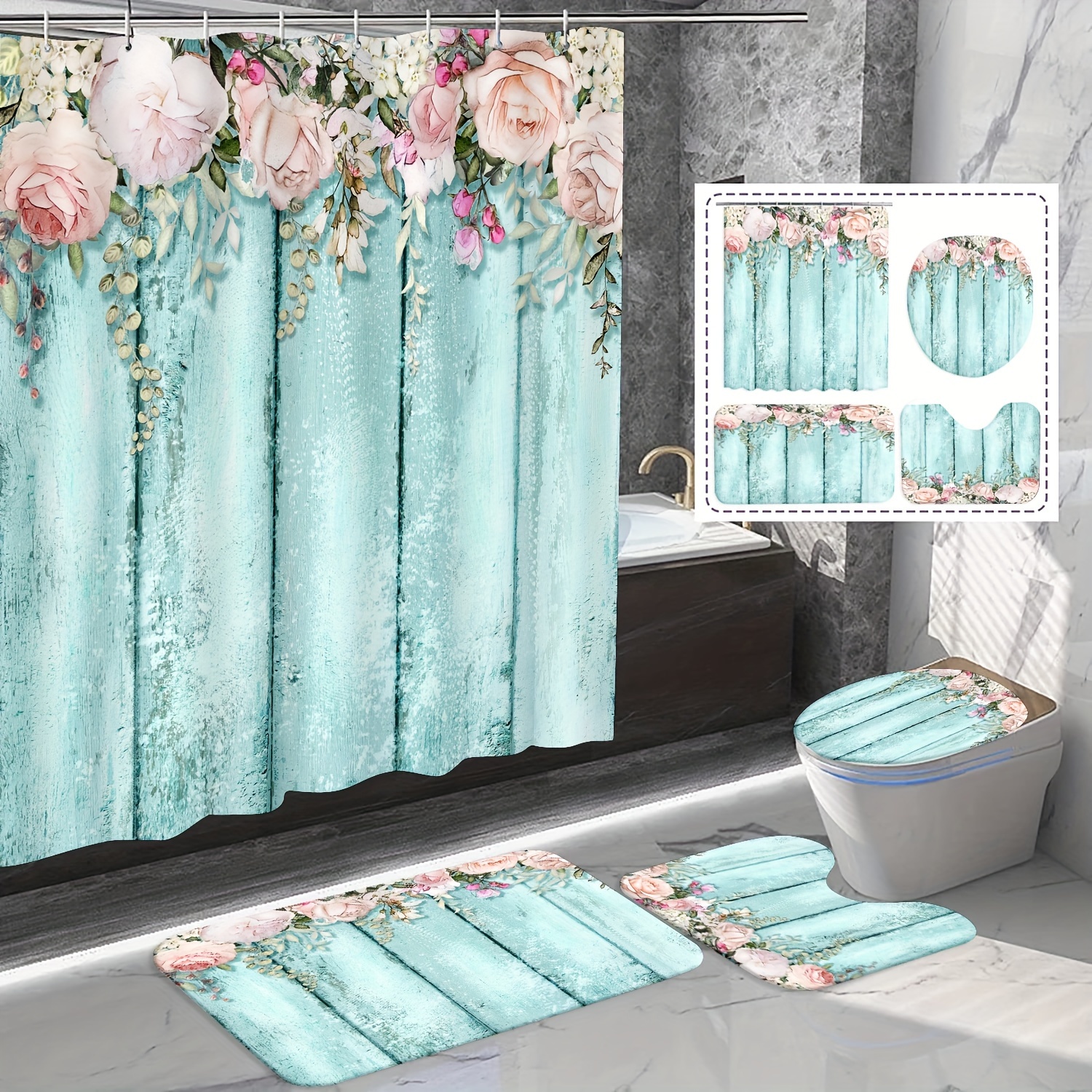Tititex Juego de cortinas de ducha florales tropicales, flores rosas y  hojas verdes en la parte superior, decoración de baño, 72 x 72 pulgadas