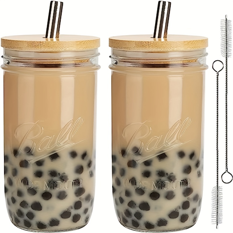 2pcs Set Reusable Boba Cup Bubble Tea Cup 24Oz Leakproof Glass Mason Jars  Drinking Water Bottle with Lid, Silicone Sleeve,Straws