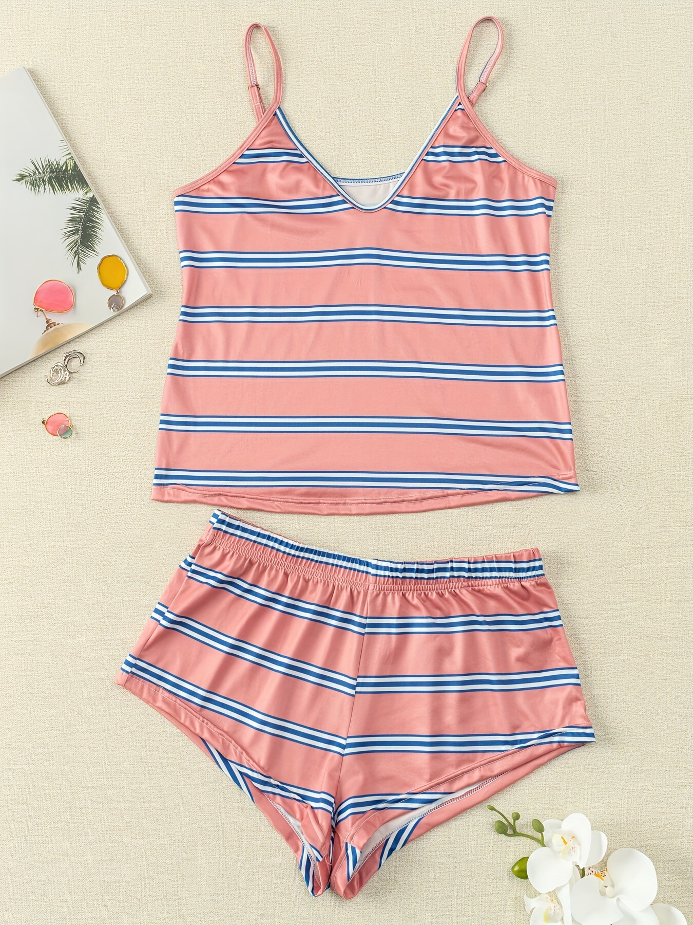 Stripe Print Pajama Set Comfort Colorblock Cami Top Loose - Temu