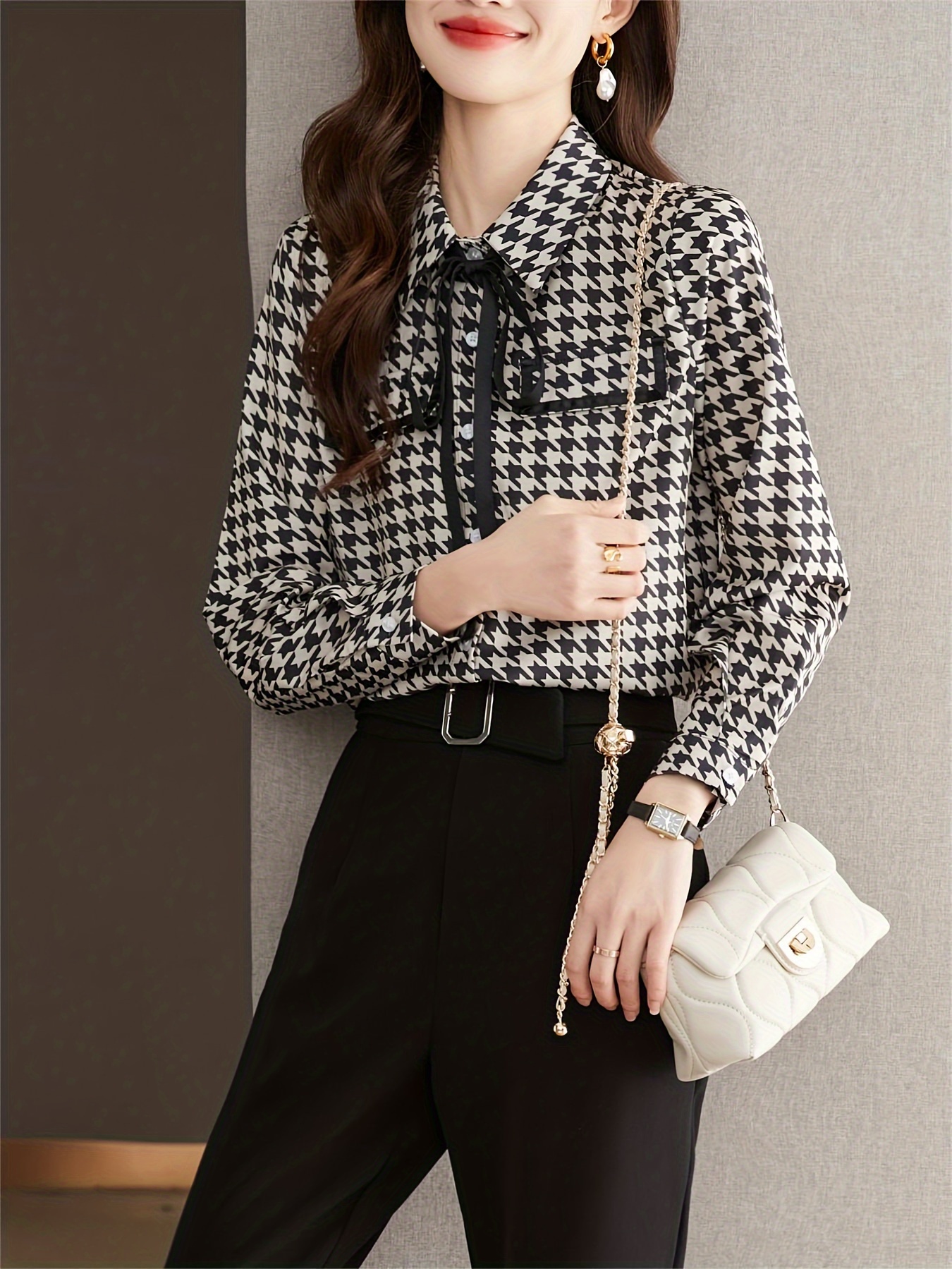 Plaid Print Tie Neck Shirt Preppy Long Sleeve Shirt For