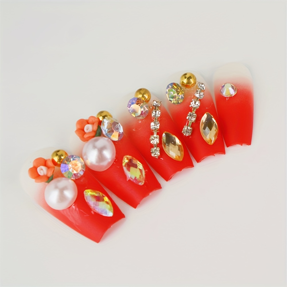 10pcs 3D Brick Red Camellia Heart Rhinestone Translucent Reusable Gradient  Glitter Handmade Press On Nails (M) 