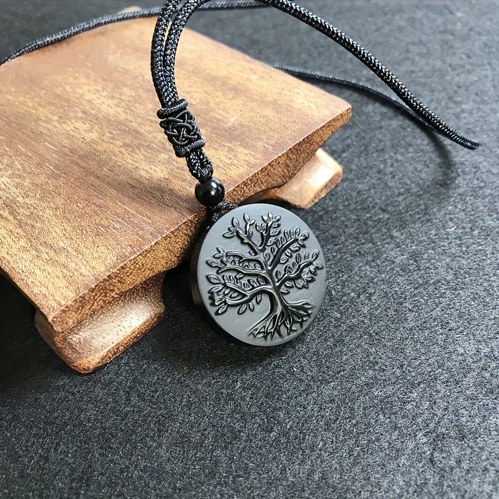 Obsidian Men's Frosted Tree of Life Pendant Necklace