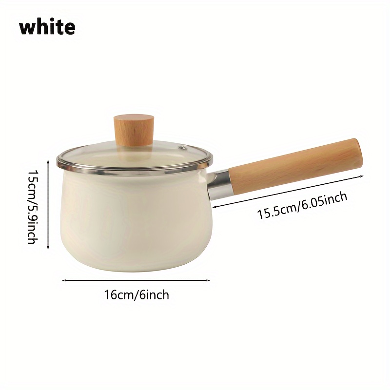 Enamel Milk Pan in White with Wooden Handle