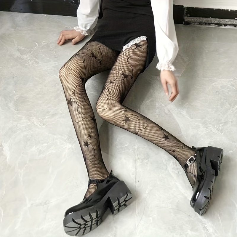 Fishnet Star Print Stockings Women's Lace Mesh Patterned Fishnet Leggings  Tights Net Pantyhose