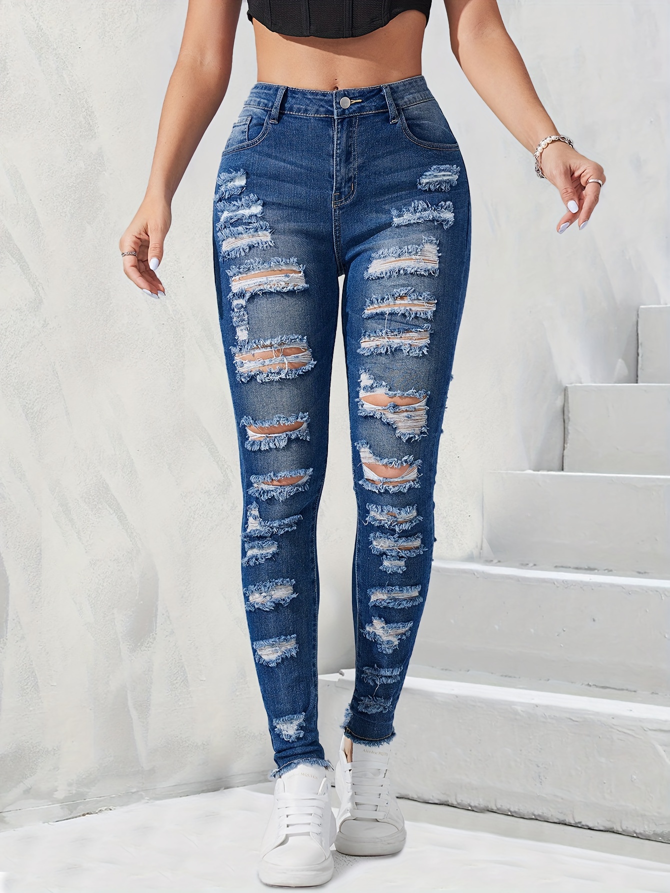 Women's Plus Size Street Style Jeans Ripped Distressed - Temu
