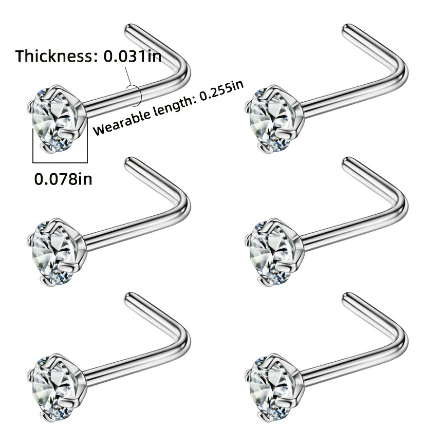 6pcs L Shape Nose Ring Set, Body Piercing Jewelry