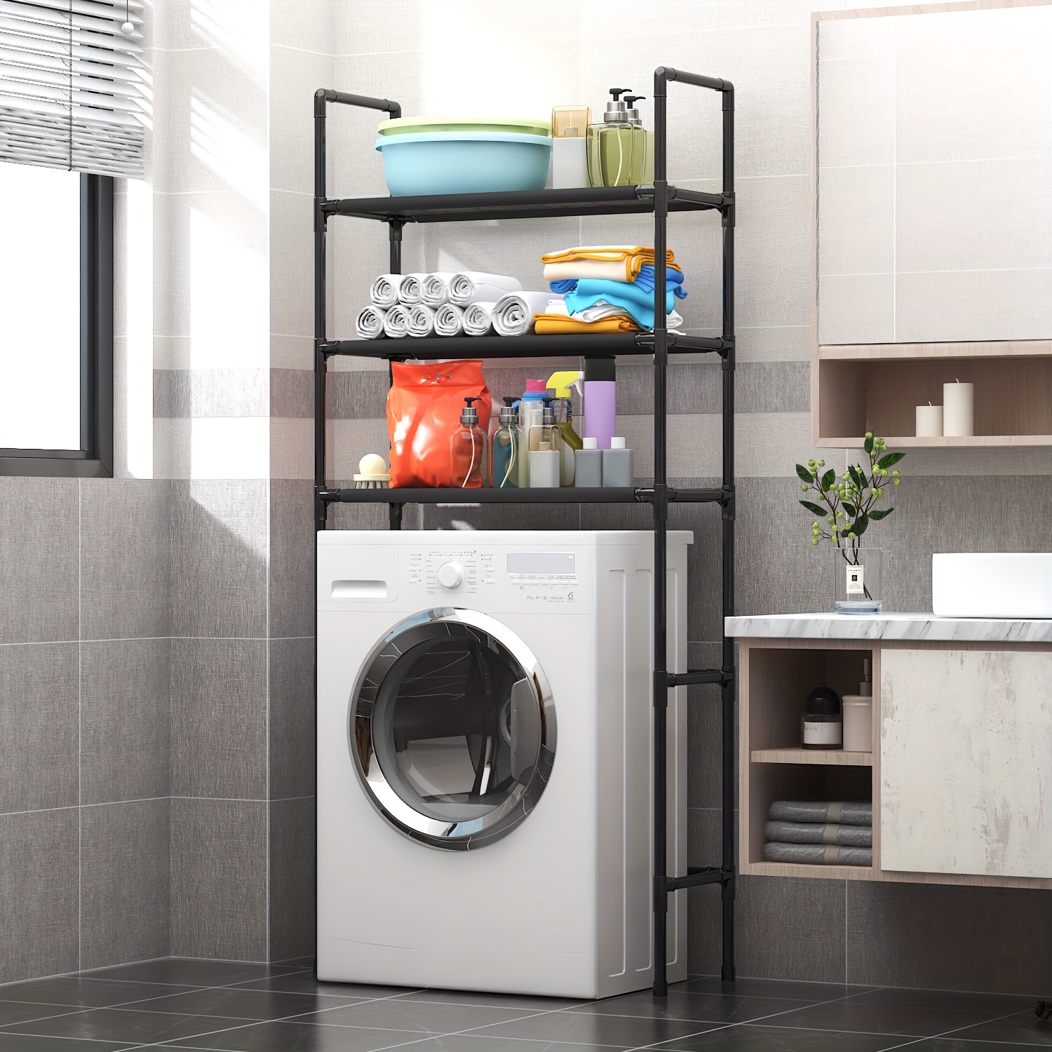  Estante sobre la lavadora, estante para lavadora, armario de  almacenamiento para lavadora, para lavandería, inodoro, negro, blanco :  Electrodomésticos