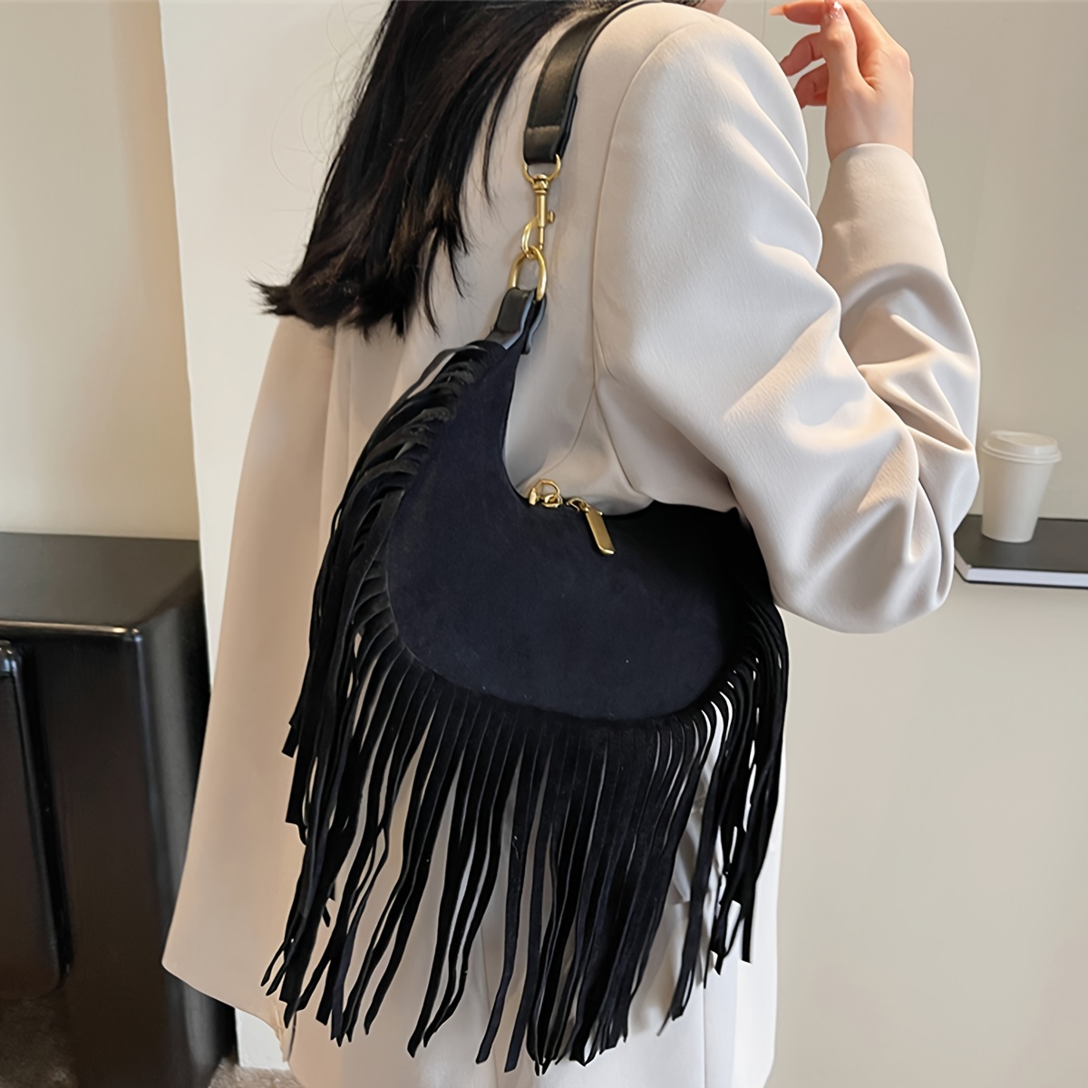Retro Fringed Crossbody Bag, Bohemian Tassel Crescent Bag, Trendy Solid Color Shoulder Bag for Women,Temu