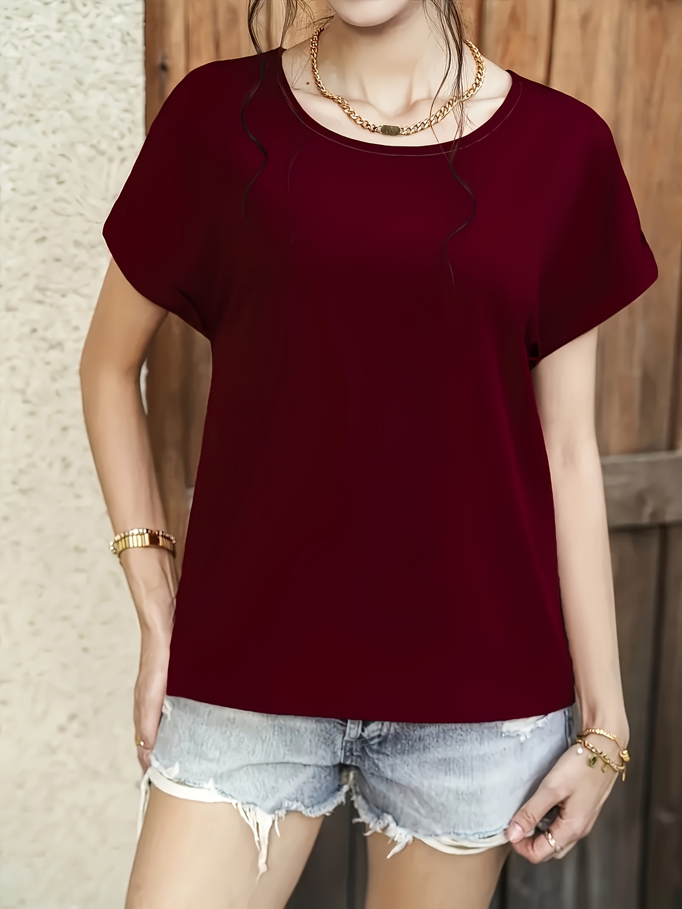 Simple Rolled Short Sleeve Blouse Casual Crew Neck Solid - Temu