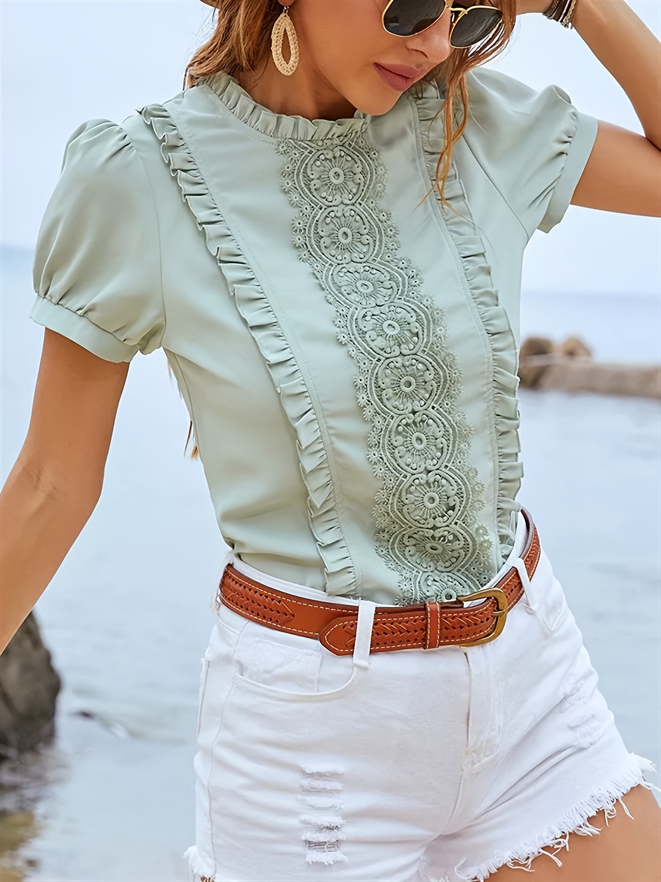 Solid Contrast Lace Trim Blouse, 3/4 Sleeve Round Neck Casual Blouse,  Women's Clothing