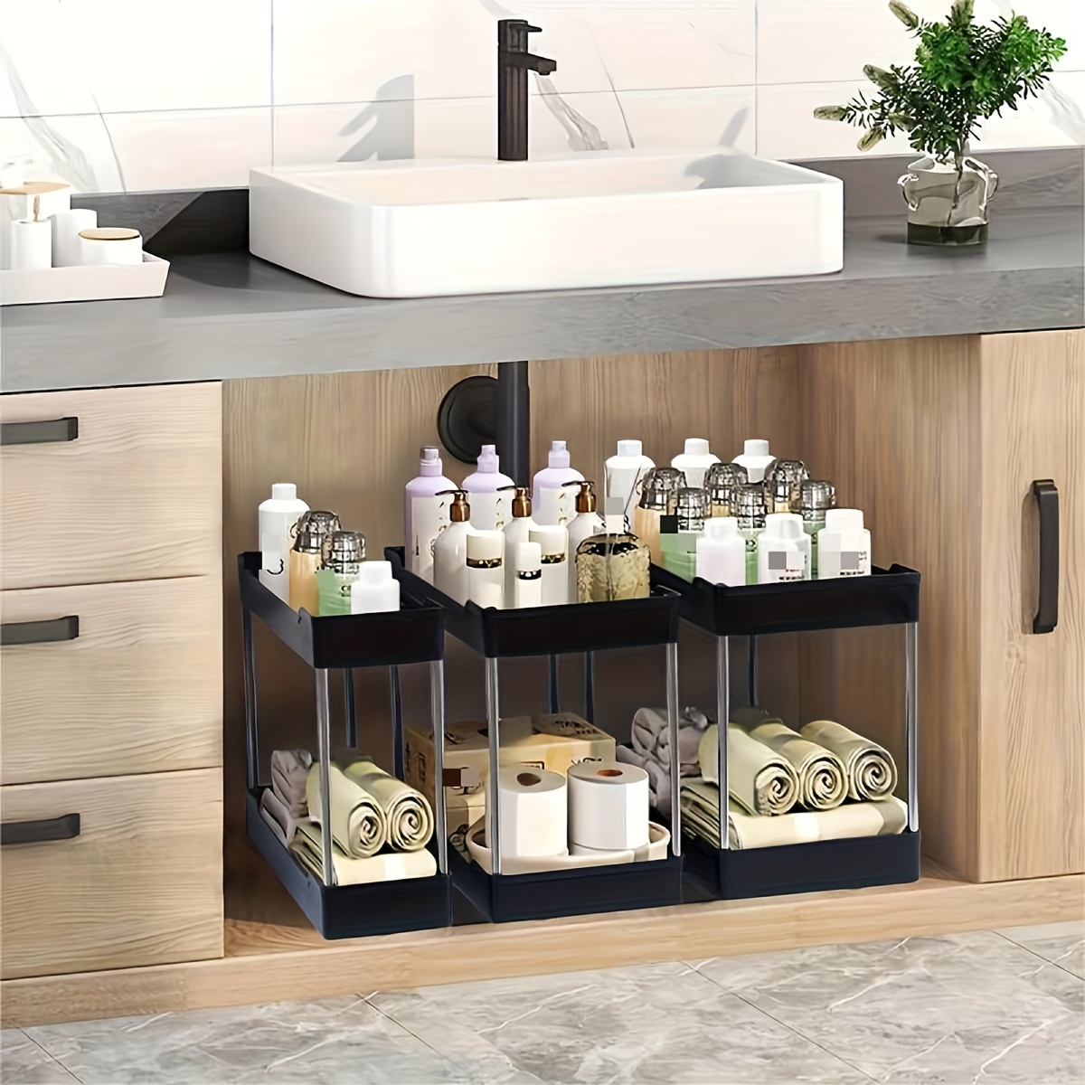 2 Pcs 4 Tier Bathroom Cabinet Organizer, Pull Out Bathroom Storage  Organizer Under Sink Storage Organizers with Dividers, Medicine Cabinet  Organizer