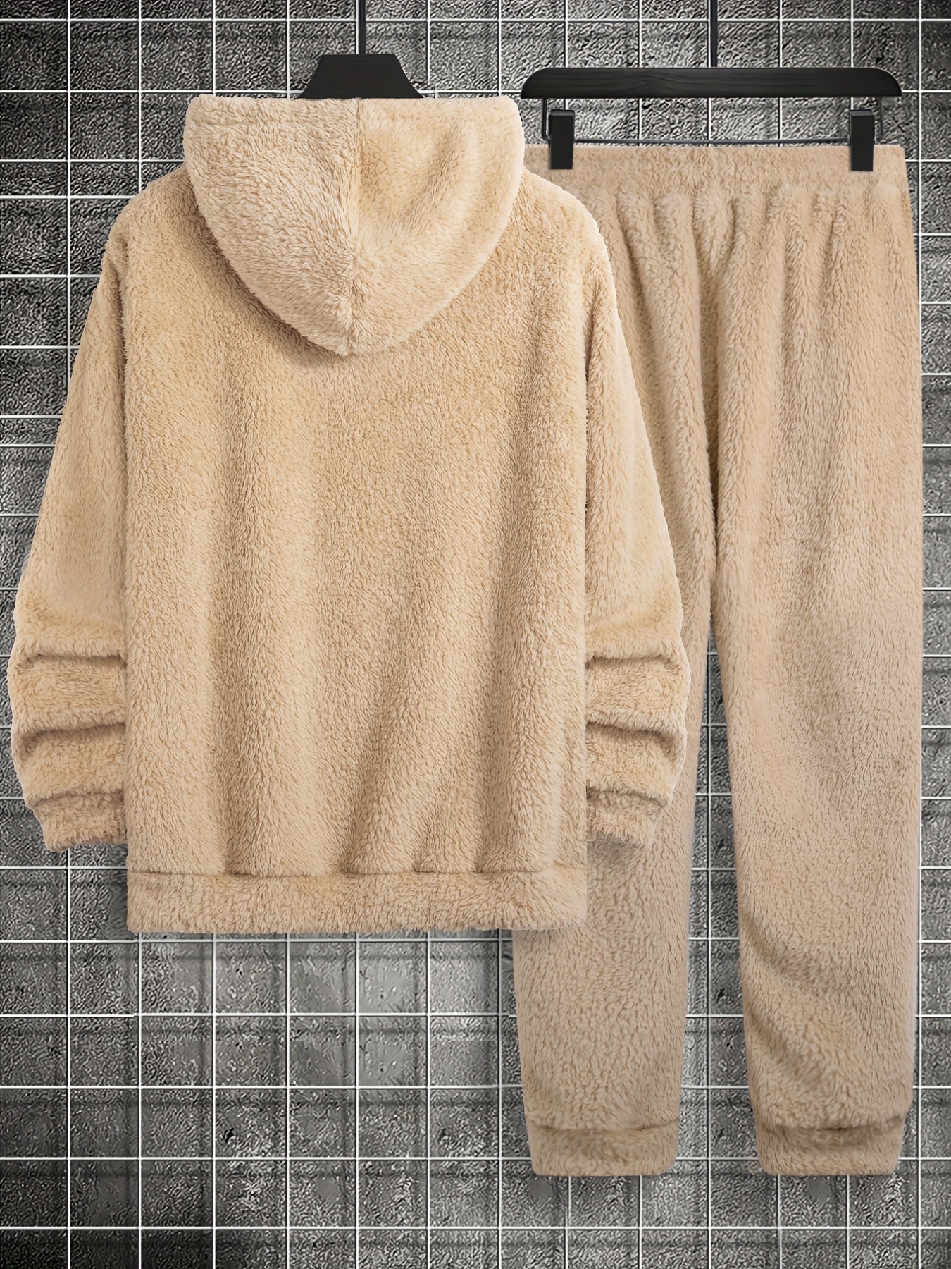 Bear Pattern Pullover Fluffy Teddy Hoodie And Beam Feet Pants Faux Fur Set  In COFFEE