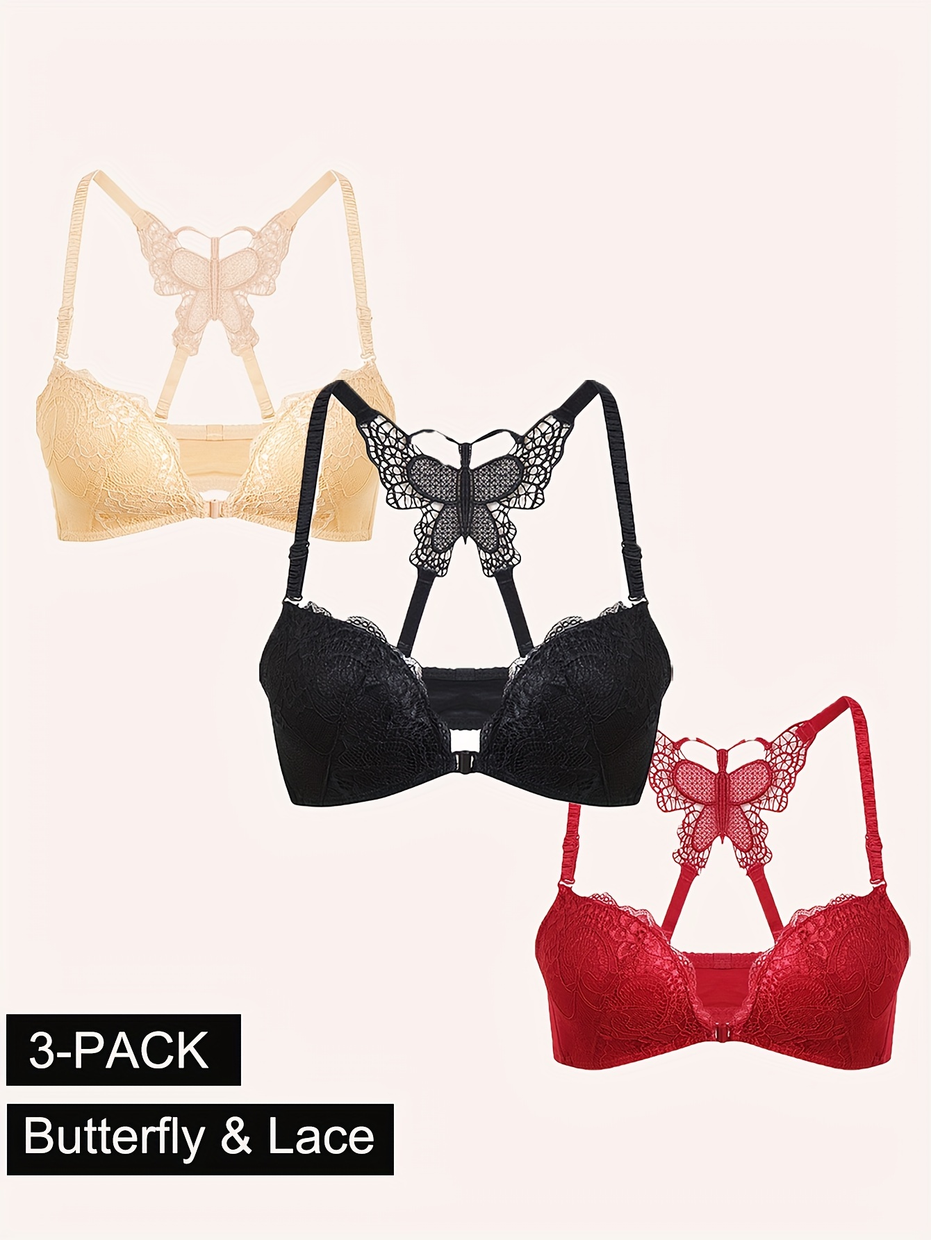 Contrast Lace Push Up Bra, Comfy & Breathable Butterfly Back Bra, Women's  Lingerie & Underwear