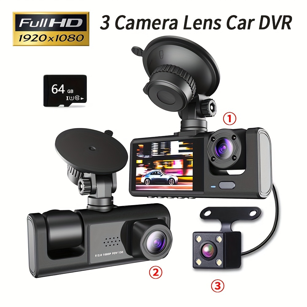 3 Caméra Objectif Voiture DVR, Caméra de Bord à 3 Canaux HD 1080P Avant et  Arrière Double Objectif Surveillance de Parking, Image de Vision Nocturne