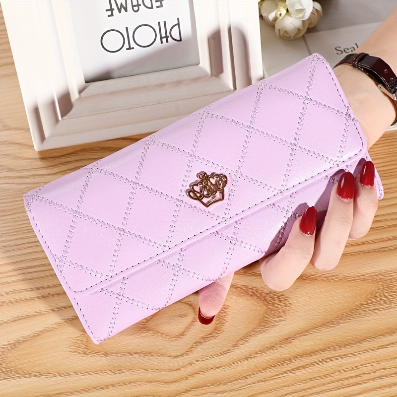 Womens Long Wallets PU Leather Crown Plaid Coin Pocket Purses