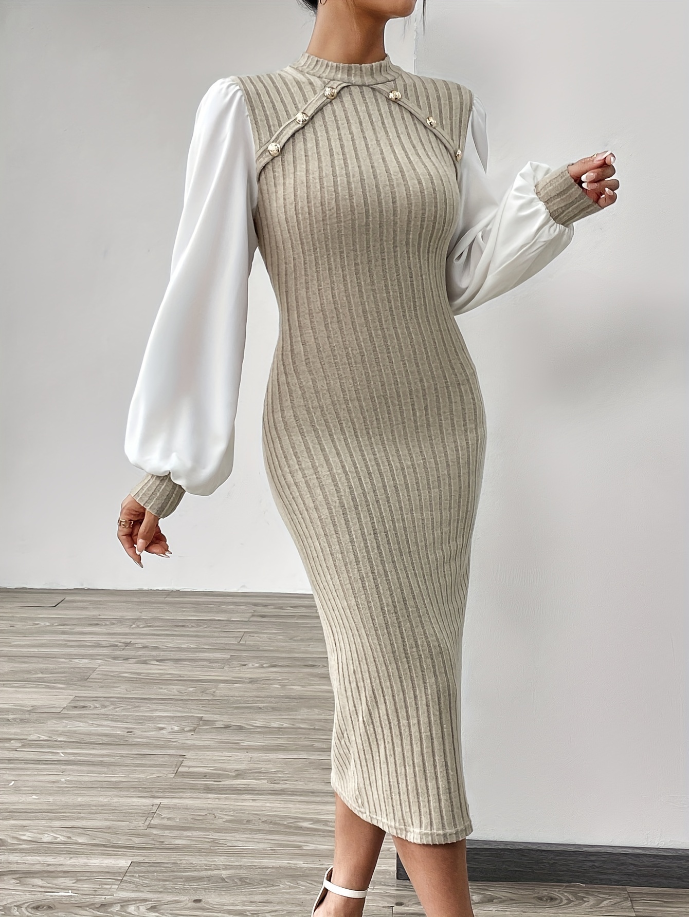 ribbed knit button decor sheath dress elegant mock neck lantern sleeve midi length dress womens clothing