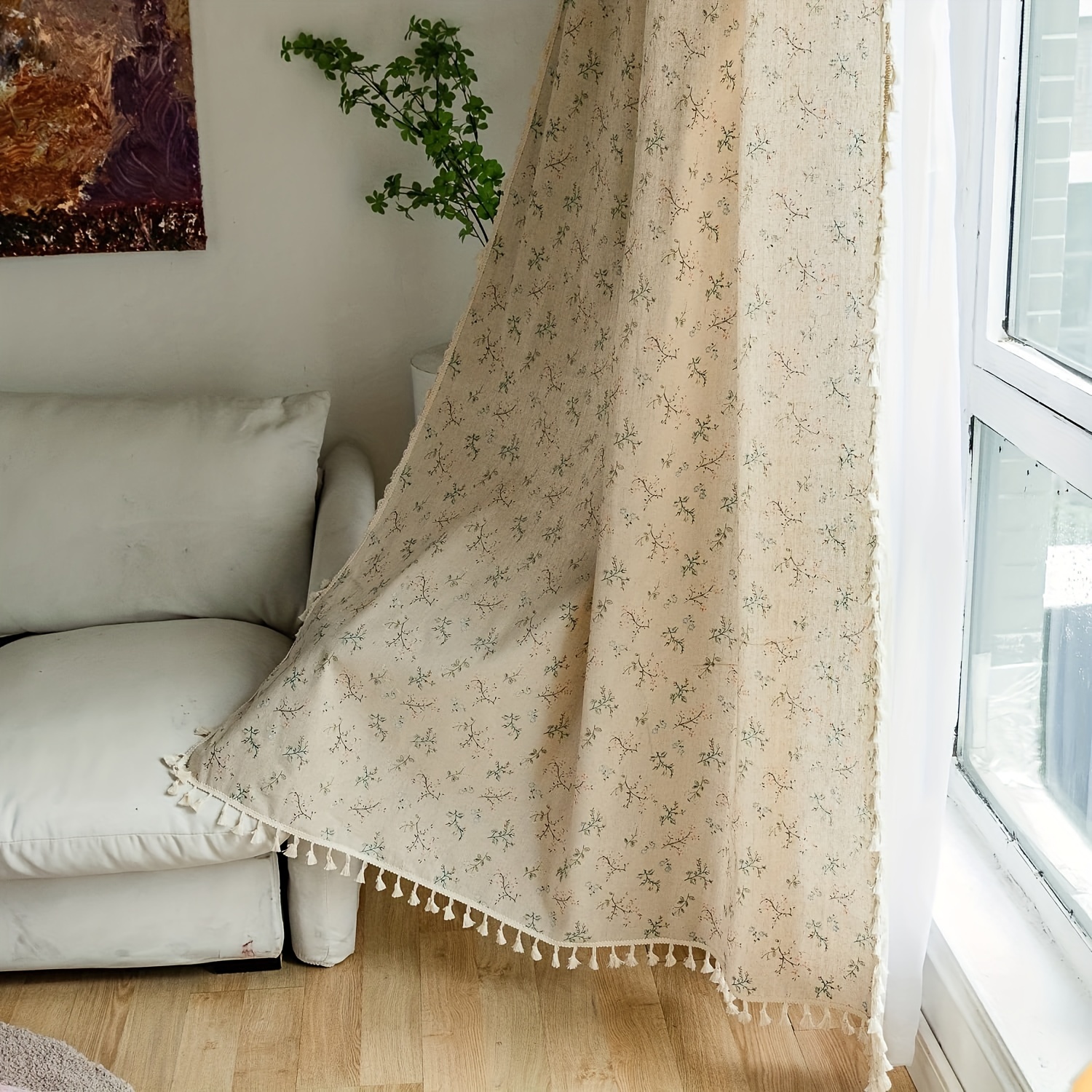 Vintage Floral Print Curtain for Living Room Boho Tassel Window Drape  Curtain
