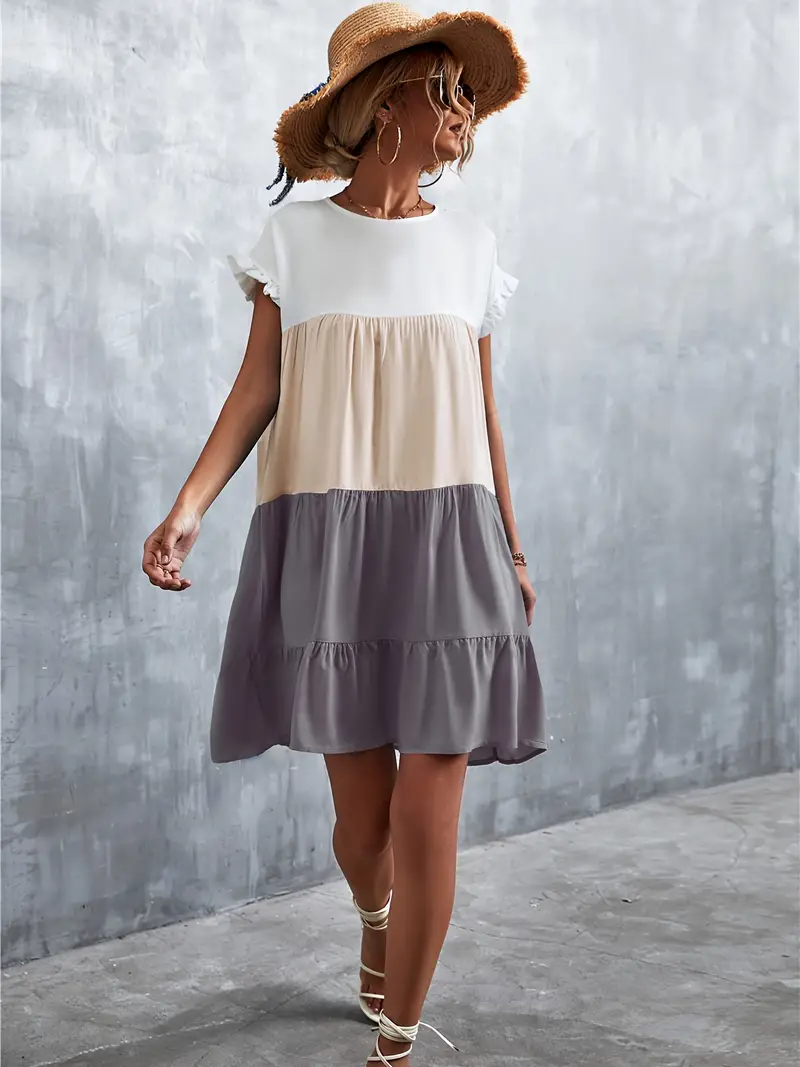 Vestido de verano para mujer, mini vestido sin mangas con cuello redondo y  volados, vestido corto plisado con bloques de colores, suelto y ancho