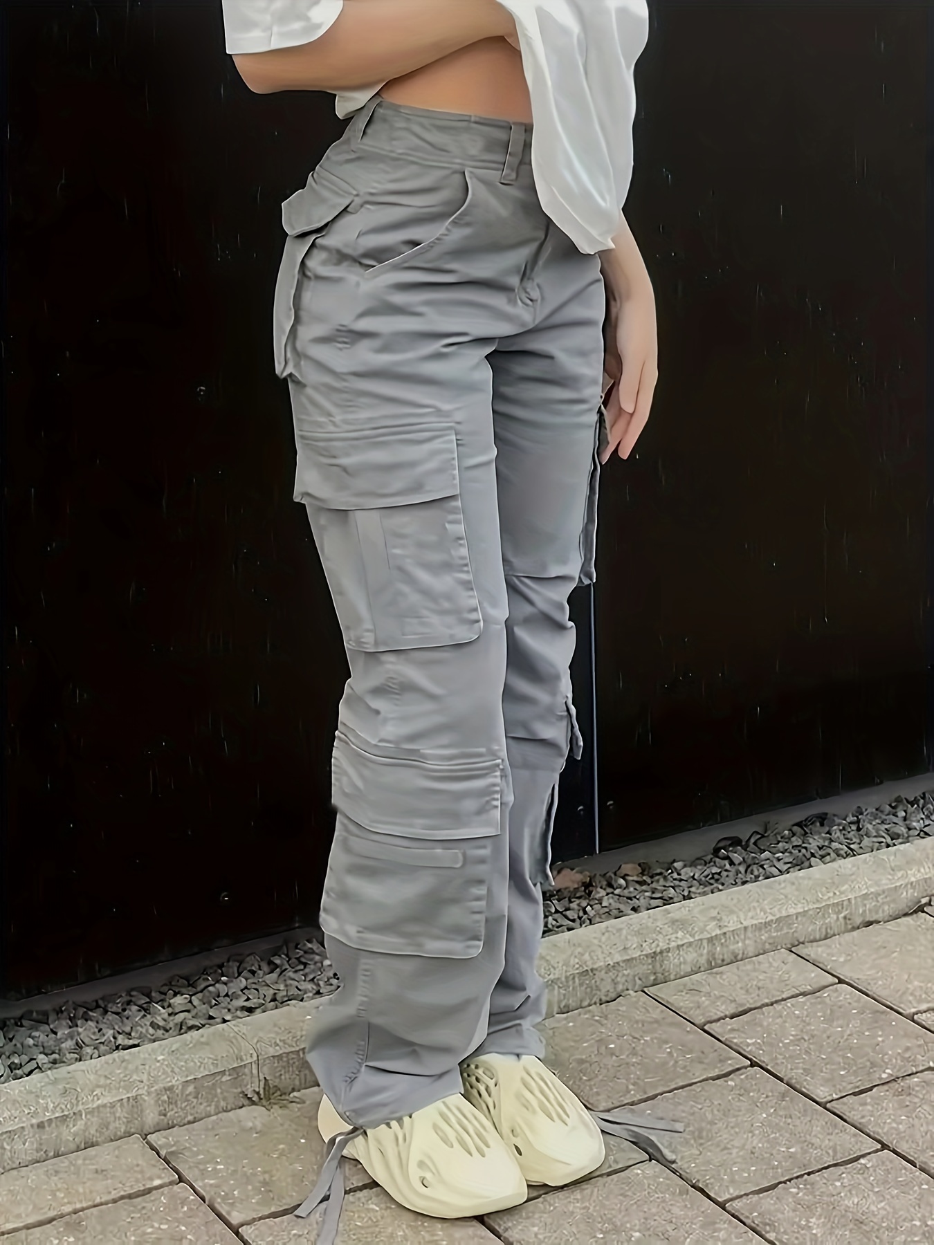 Plain Flap Pockets Cargo Pants Loose Fit Non stretch Y2k - Temu
