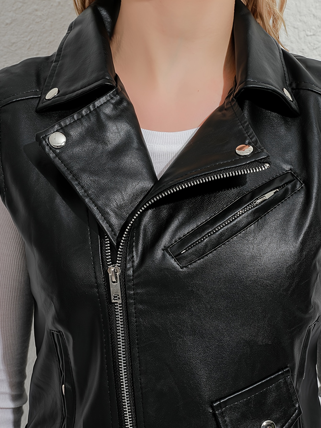 Zip Pu Leather Vest Street Wear Sleeveless Moto Vest Women's