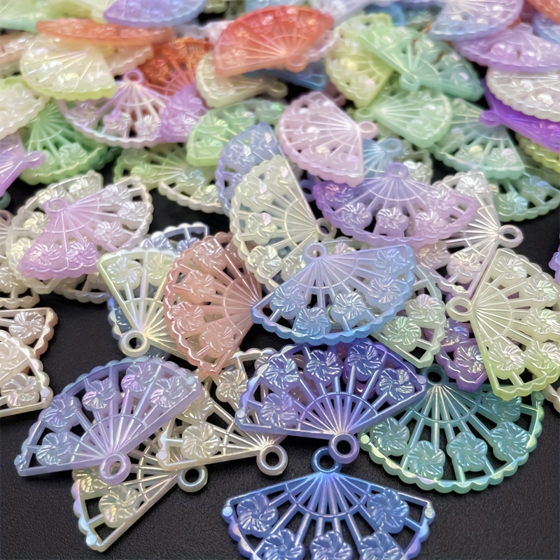 30pcs/pack Random Ab Colored Acrylic Fan Pendants Ancient Style Hollow Fan Phone Case Hairpin Jewelry Additions