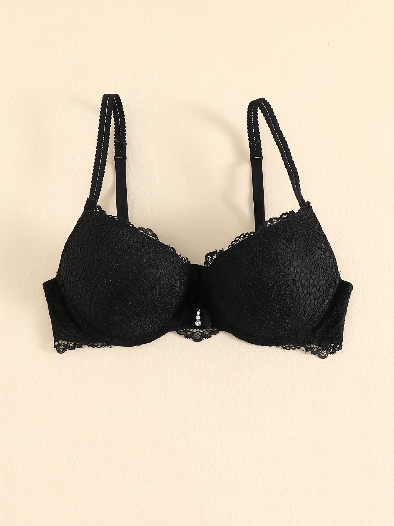 Simple Solid Floral Lace Bow Bra, Comfy & Breathable Push Up Bra, Women's  Lingerie & Underwear
