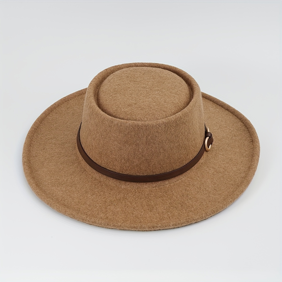 Buckle Flat Top Hat Wide Brim Sunshade Woolen Jazz Hat