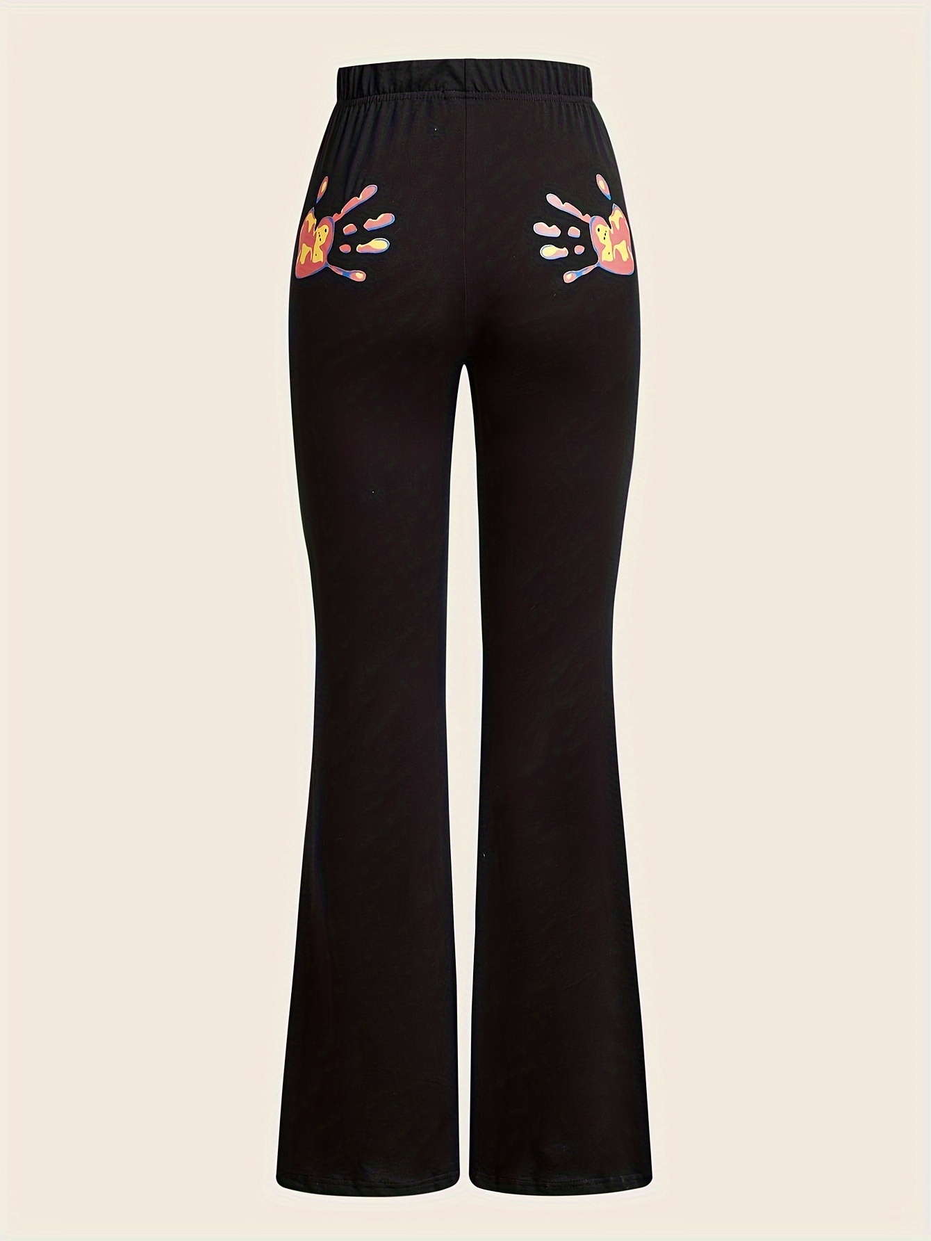 Hand Print Flared Leg Pants Casual Elastic Waist Slim Pants - Temu New  Zealand