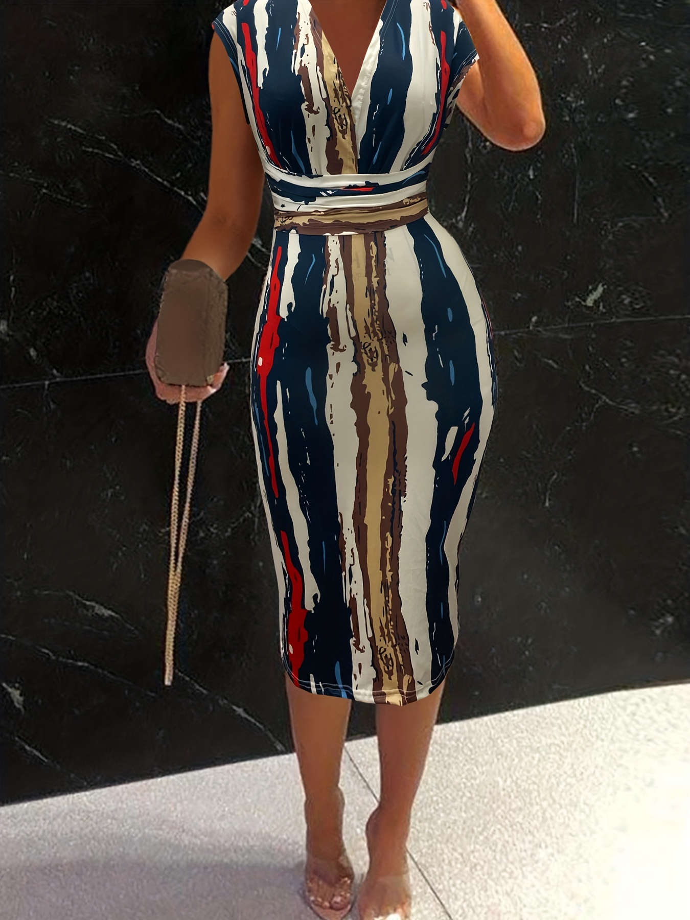 Colorblock Stripe Print Cap Sleeve Midi Dress