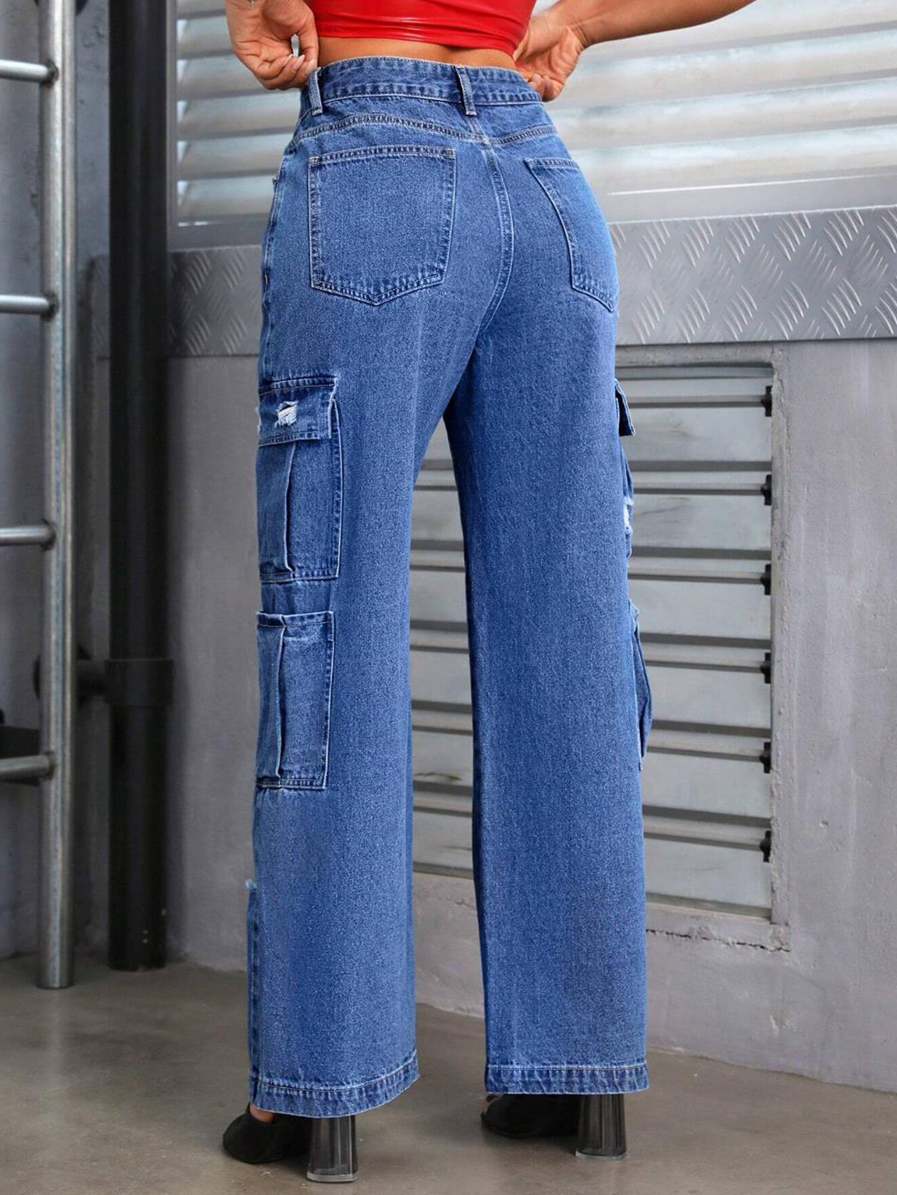 Ripped Holes Casual Straight Jeans Loose Fit Flap Pockets - Temu