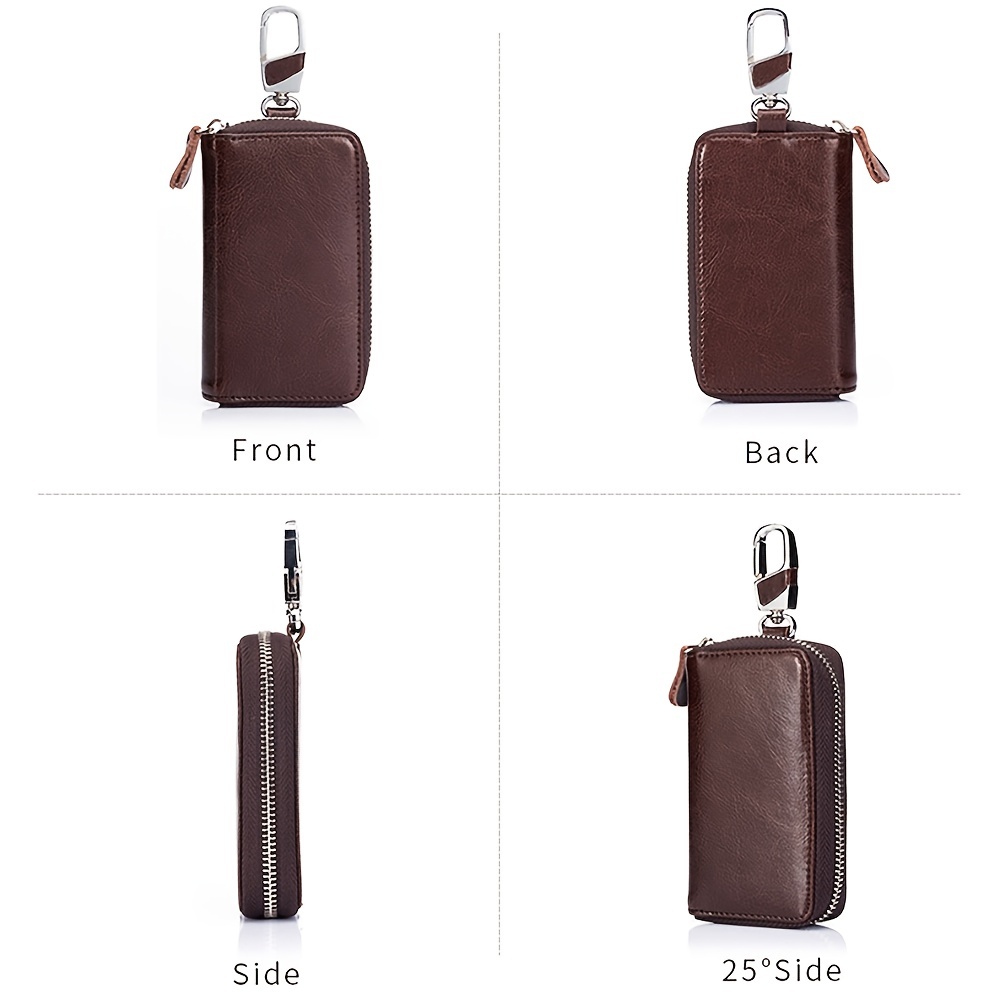 2pcs Car Key Case Double-Deck Faux Leather Purse Key Bag, Keychain Card Holder, Keyring Zipper Bag,Temu