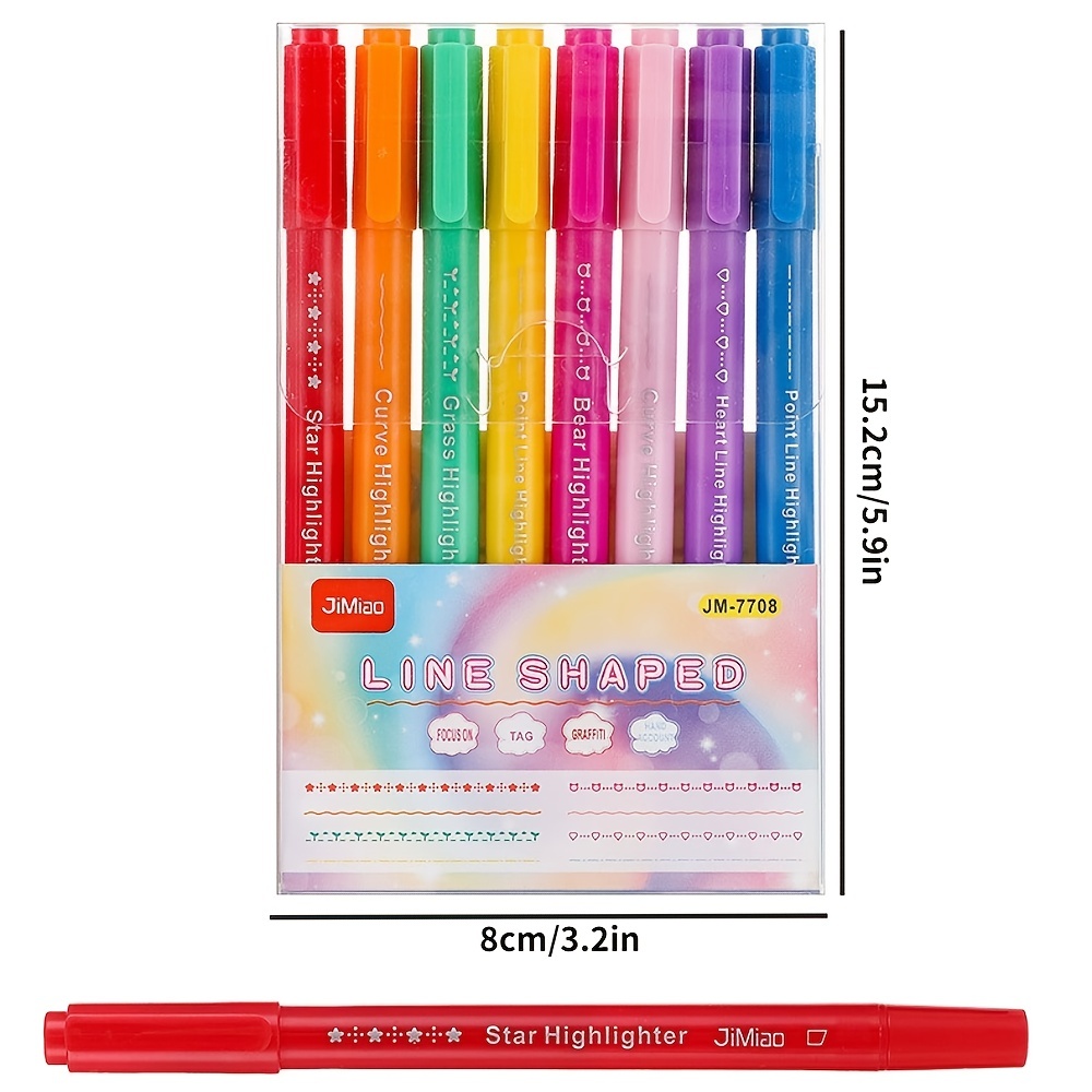 AECHY 8PCS Colored Curve Highlighter Pen Set for Note Taking, Dual Tip Pens  with 5 Different Shapes & 8 Colors Fine Lines, for Kids Journaling