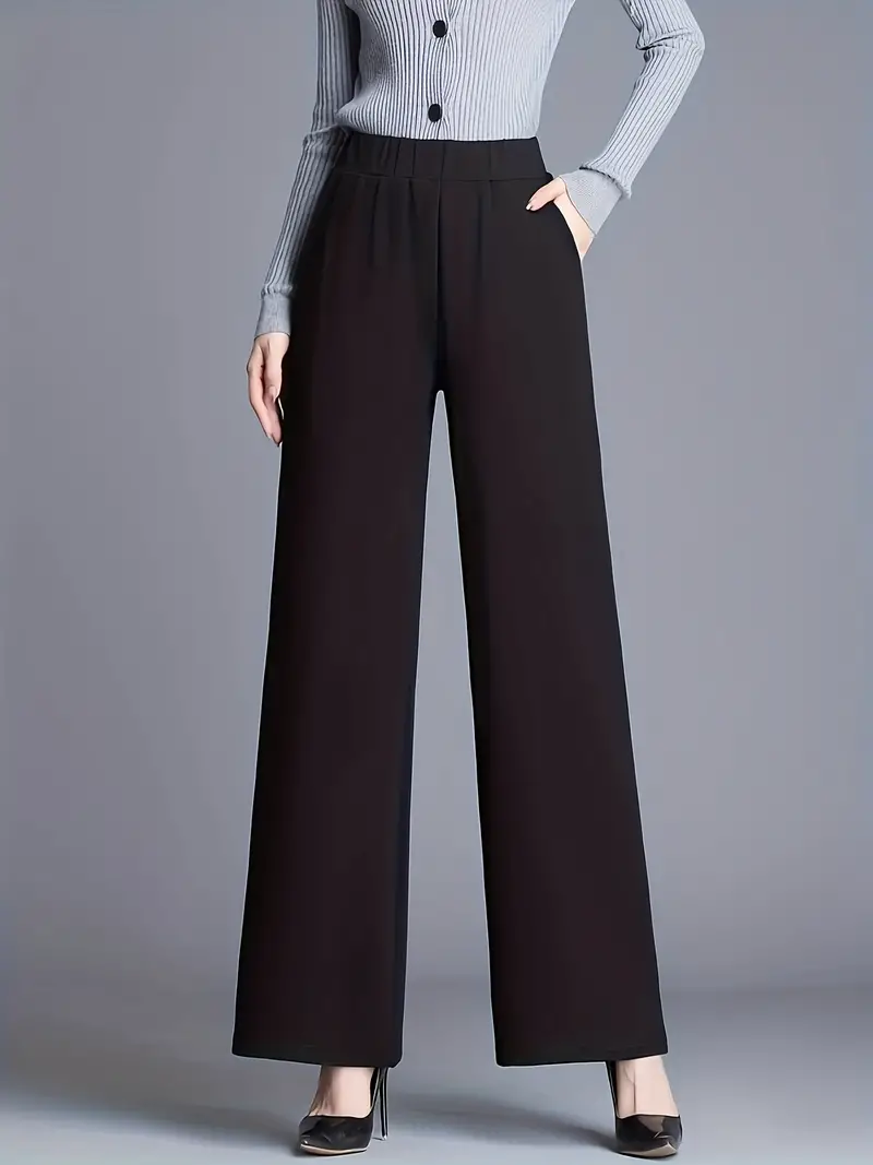 Pantalones De Cintura Elástica Sólida, Pantalones Elegantes De Pierna Recta  Para El Trabajo Y La Oficina, Ropa De Mujer