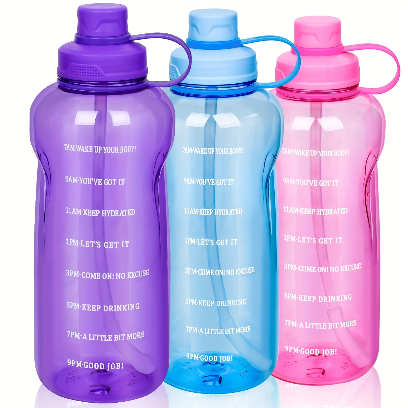 Botella de agua motivacional con marcas de tiempo y pajita, 2,2 litros de  medio galón grande jarra de agua deportiva con asa, sin BPA, botellas de
