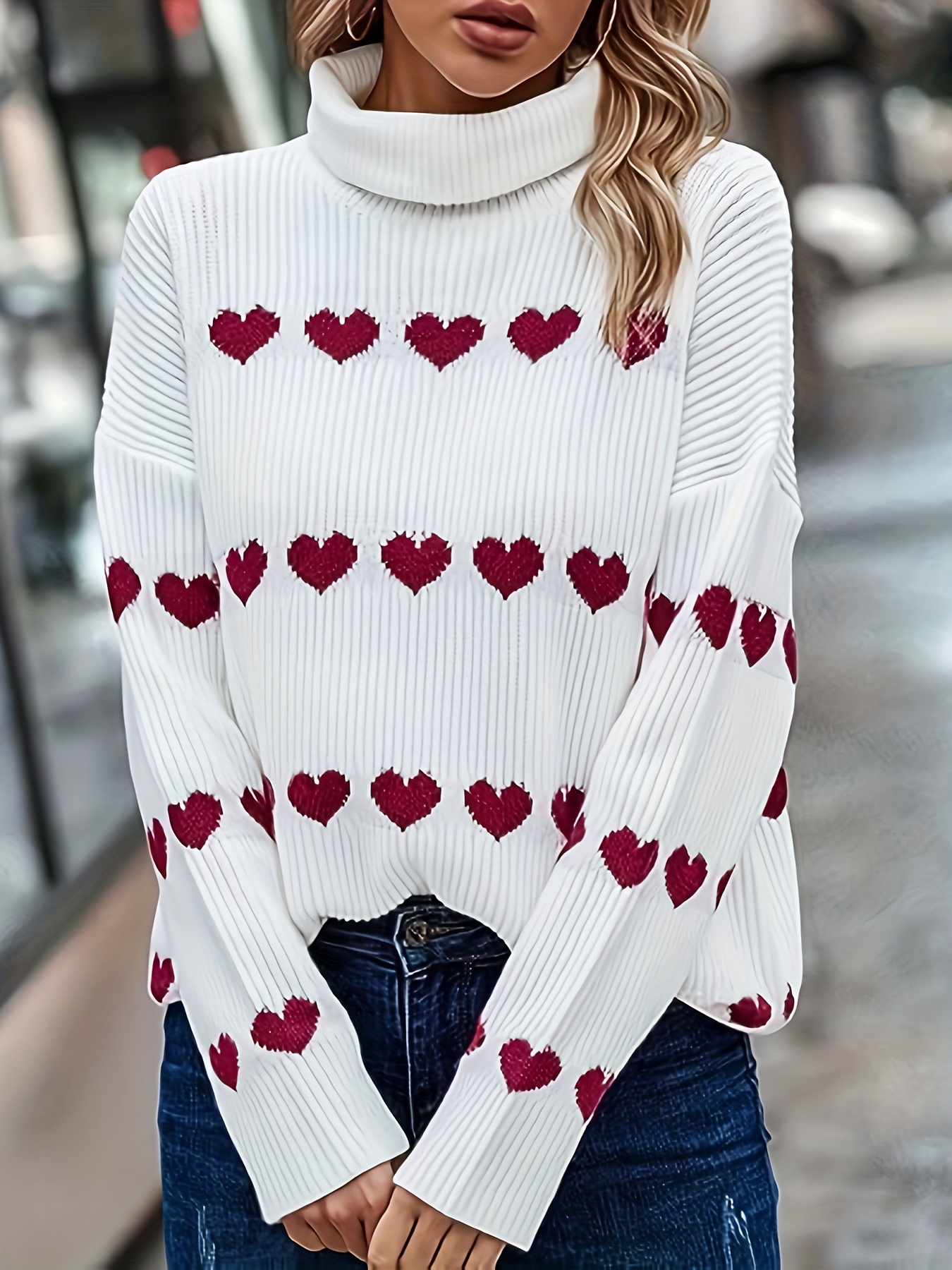 Heart Pattern Turtle Neck Pullover Sweater, Casual Long Sleeve Fall Winter  Sweater, Women's Clothing - Temu