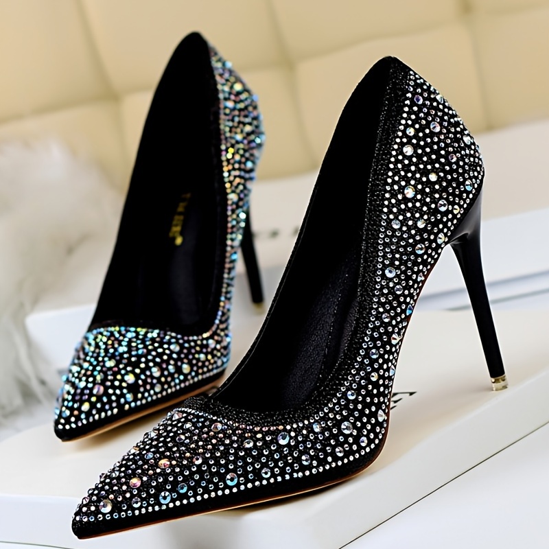 Glitter Rhinestone Wedding Shoes Pointed Toe Stiletto Heeled Pumps