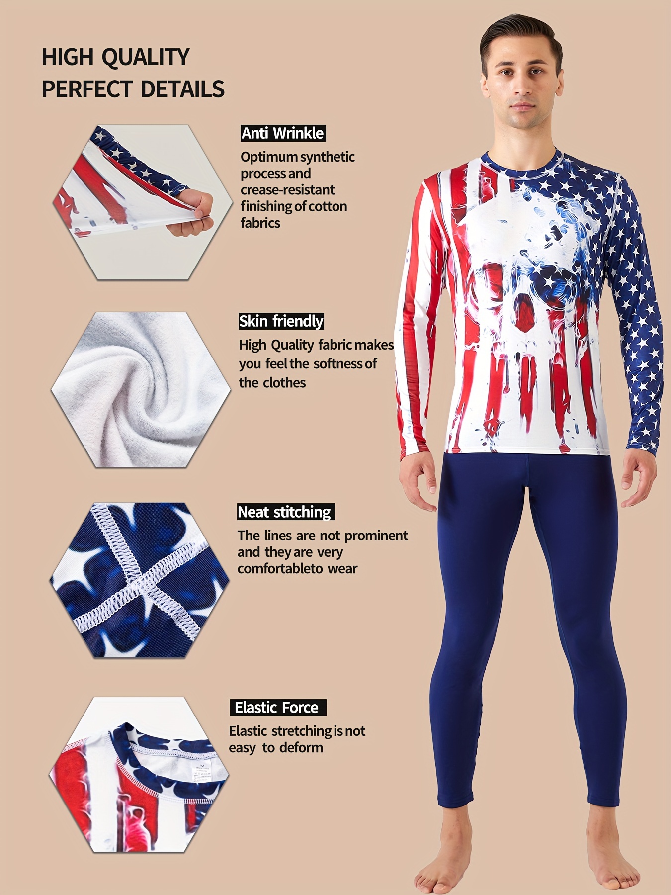 American Flag Print Men's Warm Underwear, Winter Hunting Outdoor