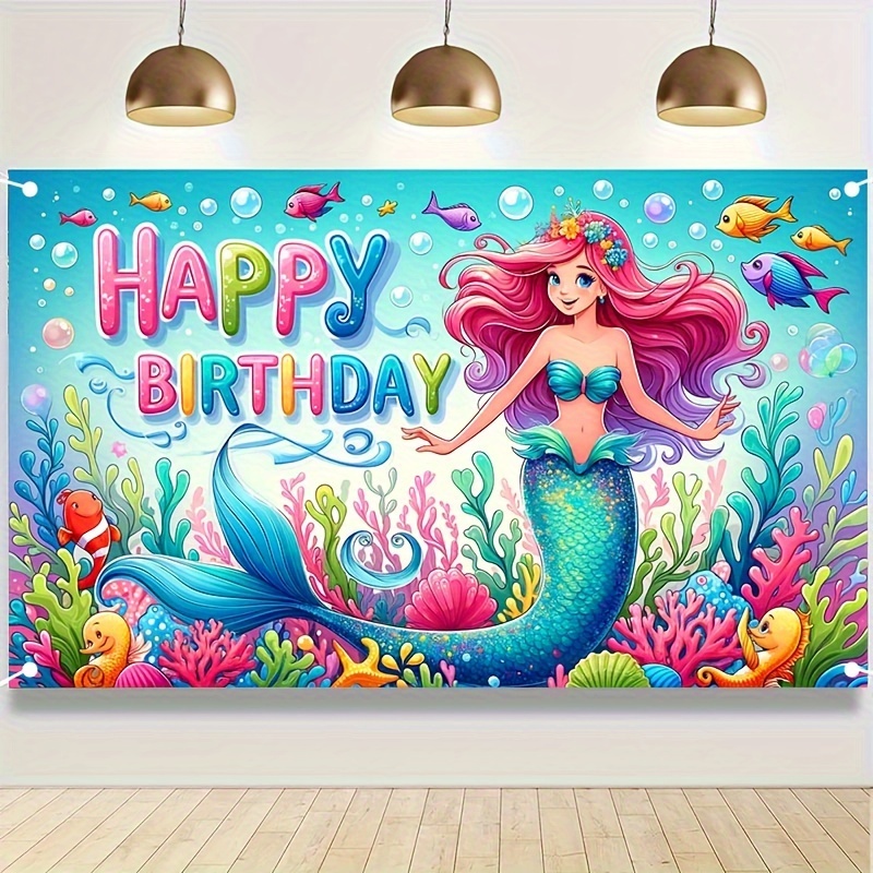 

1pc, Mermaid Happy Birthday Background Photo Props, Happy Birthday Polyester Banner Decor, Birthday Party Wall Decor, Birthday Party Background Decor, Birthday Party Decor Supplies