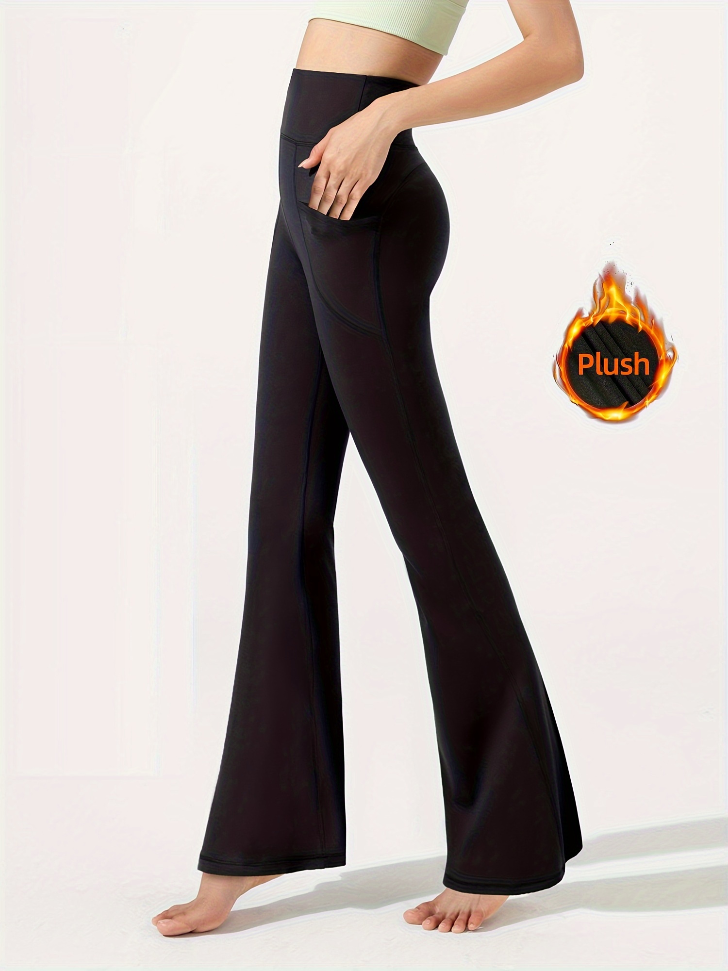 Solid Color Fleece Lined Yoga Flared Pants Pocket Warm High - Temu