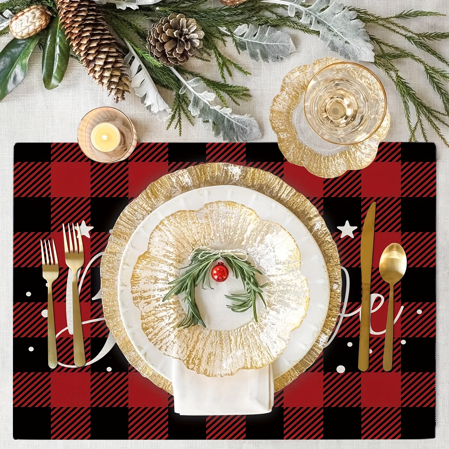 Set Of 4, Christmas Placemat For Dining Table, 12 X 18 Inch Red And Black  Buffalo Plaid Christmas Tree Pine Truck Table Mats, Seasonal Winter Holiday