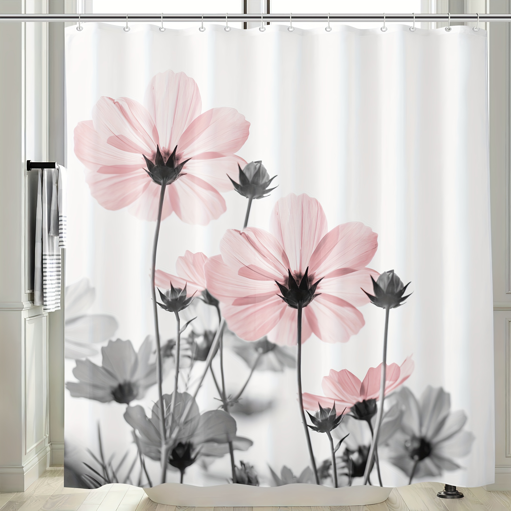 Flower Shower Curtain Set Gray Waterproof Shower - Temu