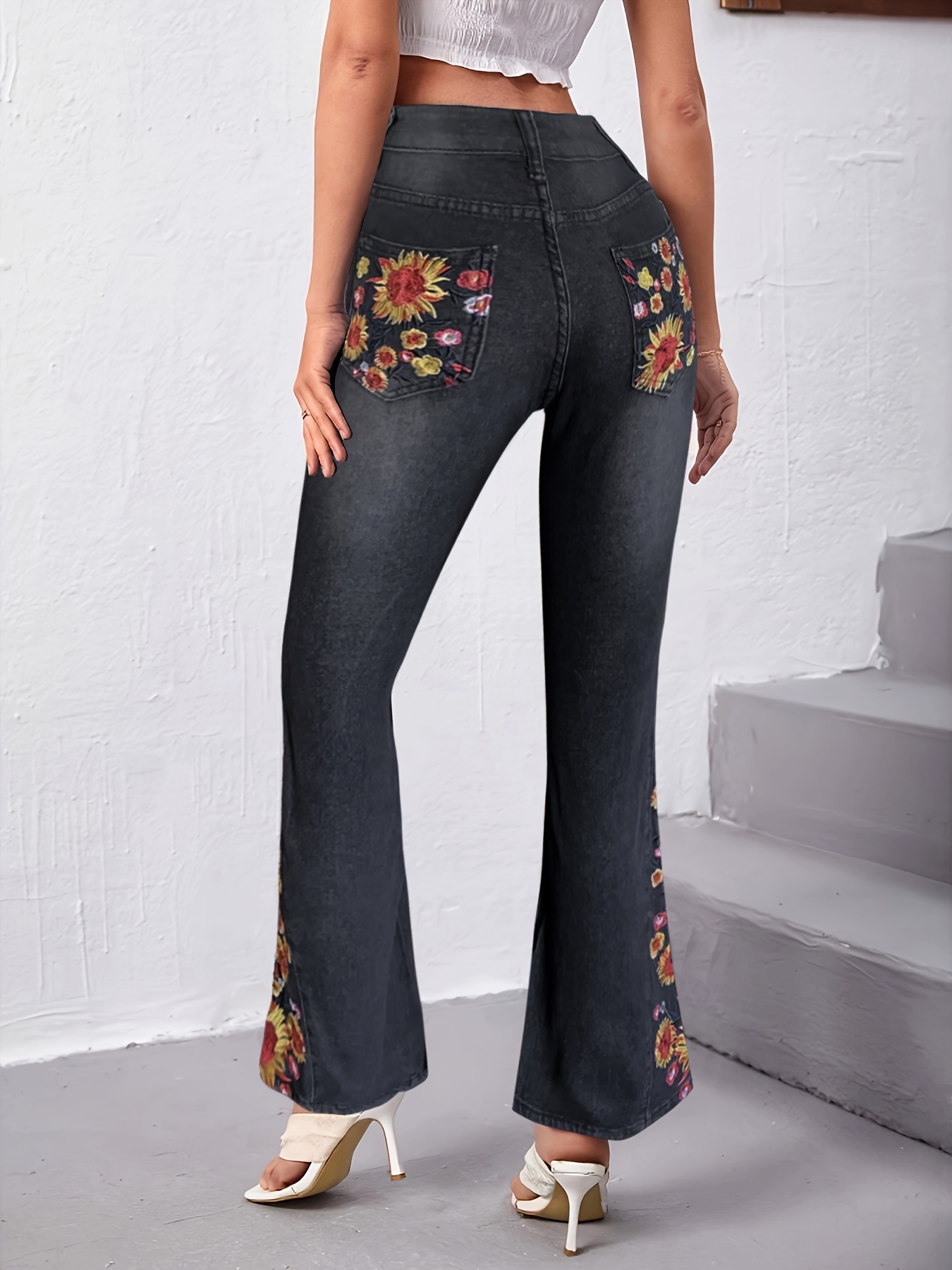 Jeans Flare bordado com girassol bolsos oblíquos - Temu Portugal