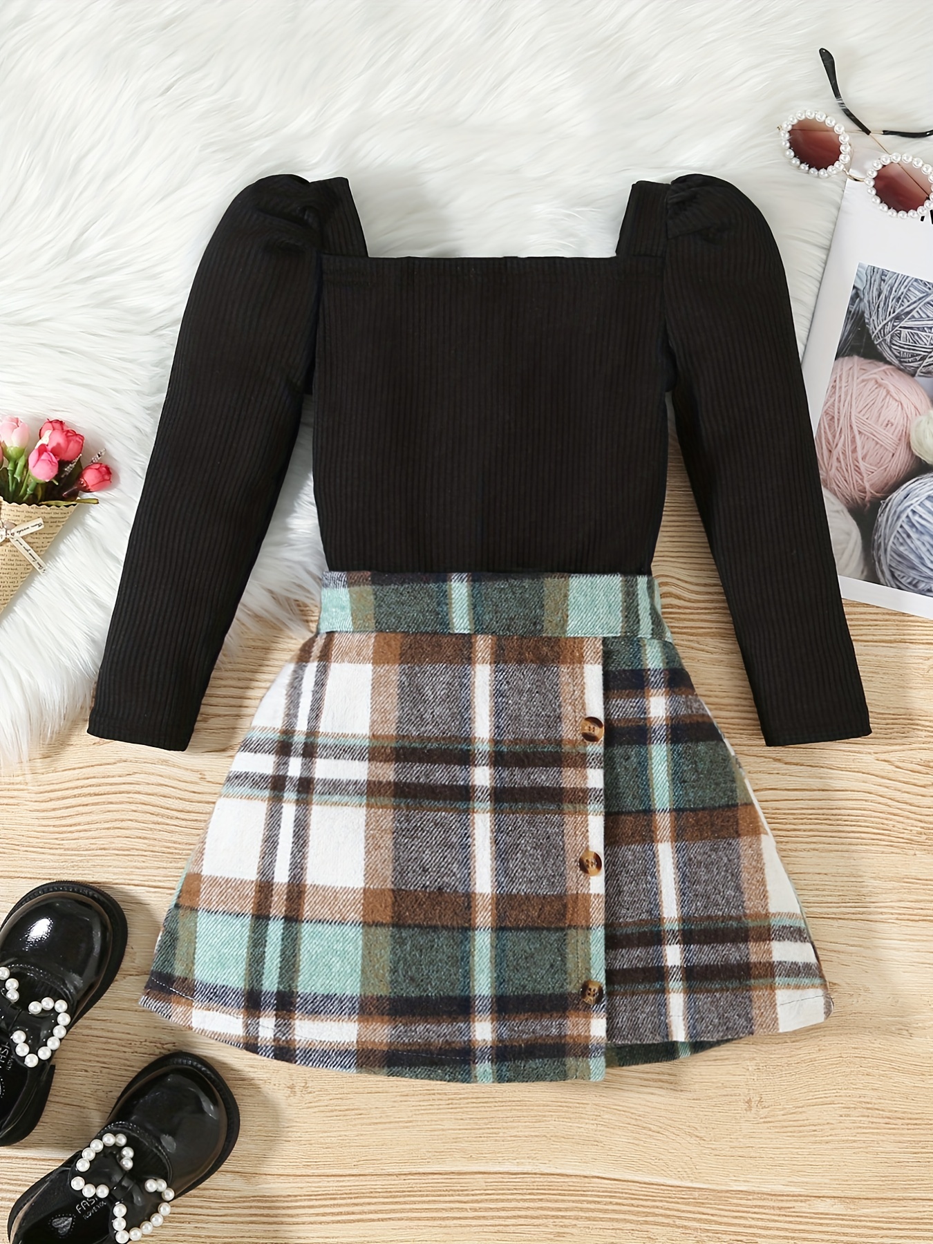 2pcs Teenage Girls Korean Fashion Suit Black Tops+Plaids Loose Pants Cotton  Sets